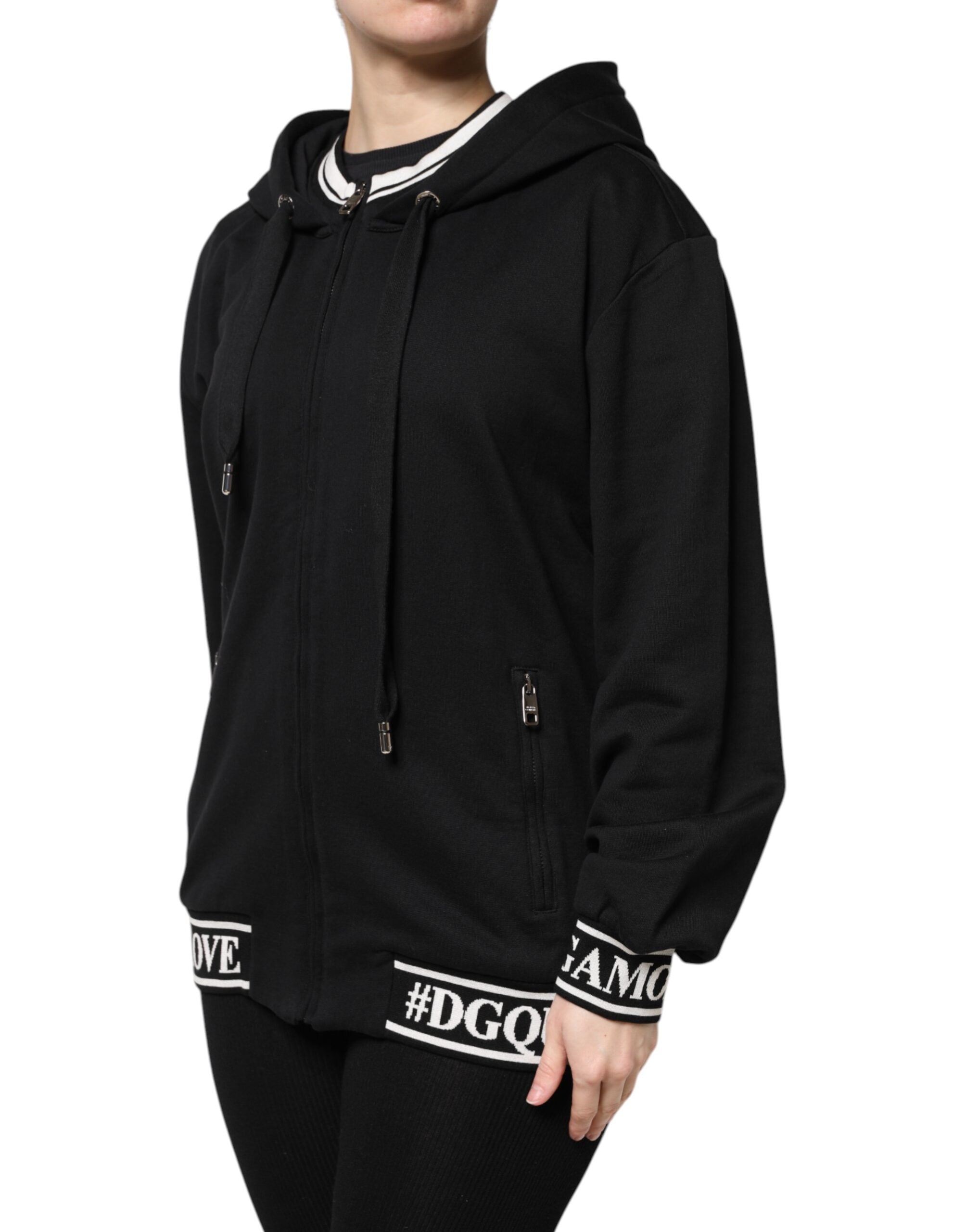 Black Cotton Hooded Full Zip Sweatshirt Sweater - ventzia