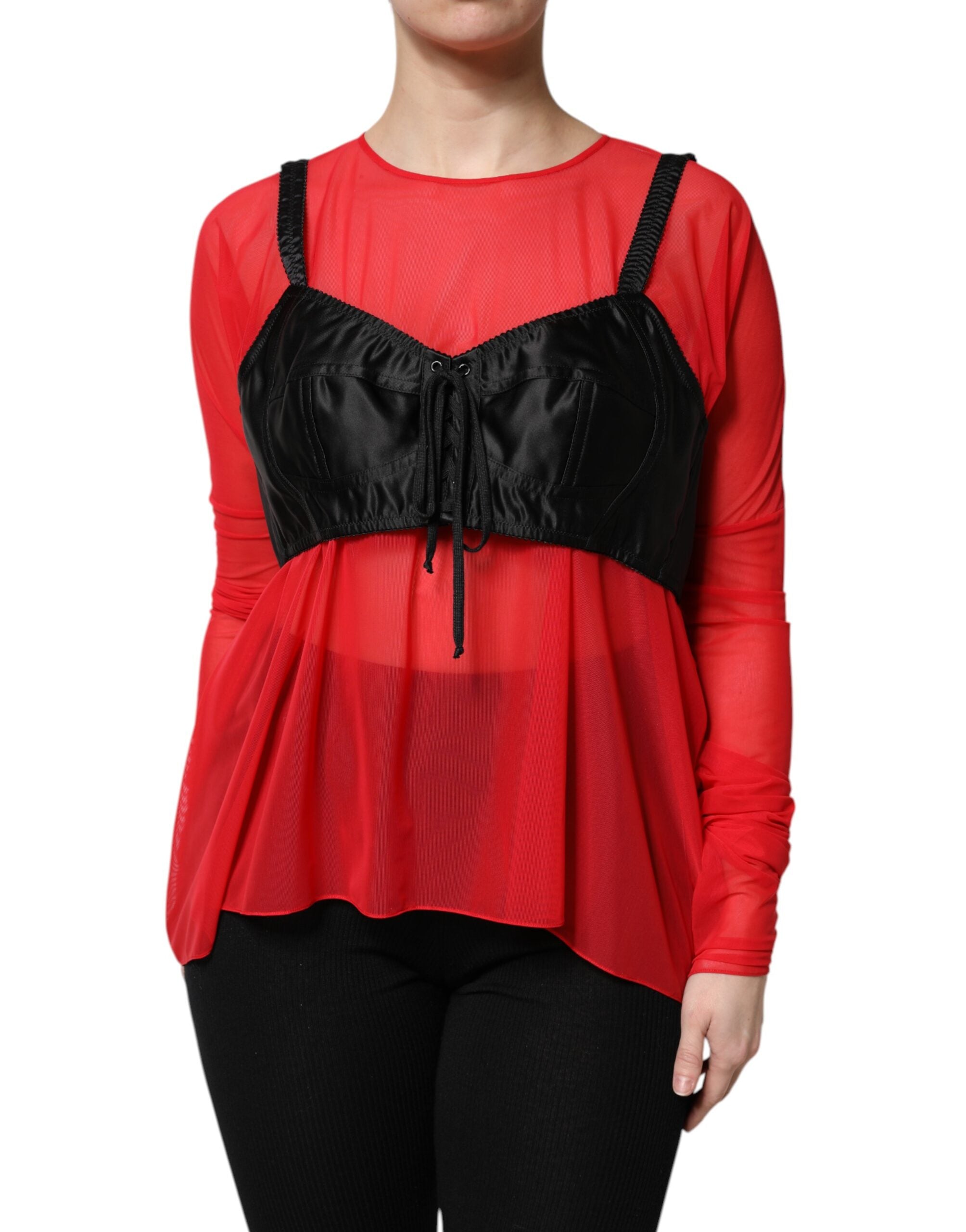 Red Black Bustier Detailing Long Sleeves Top - ventzia