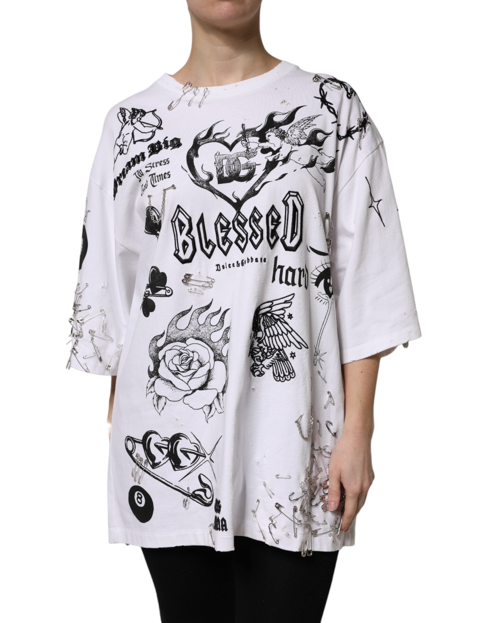 White Cotton DG BLESSED Printed T-shirt - ventzia