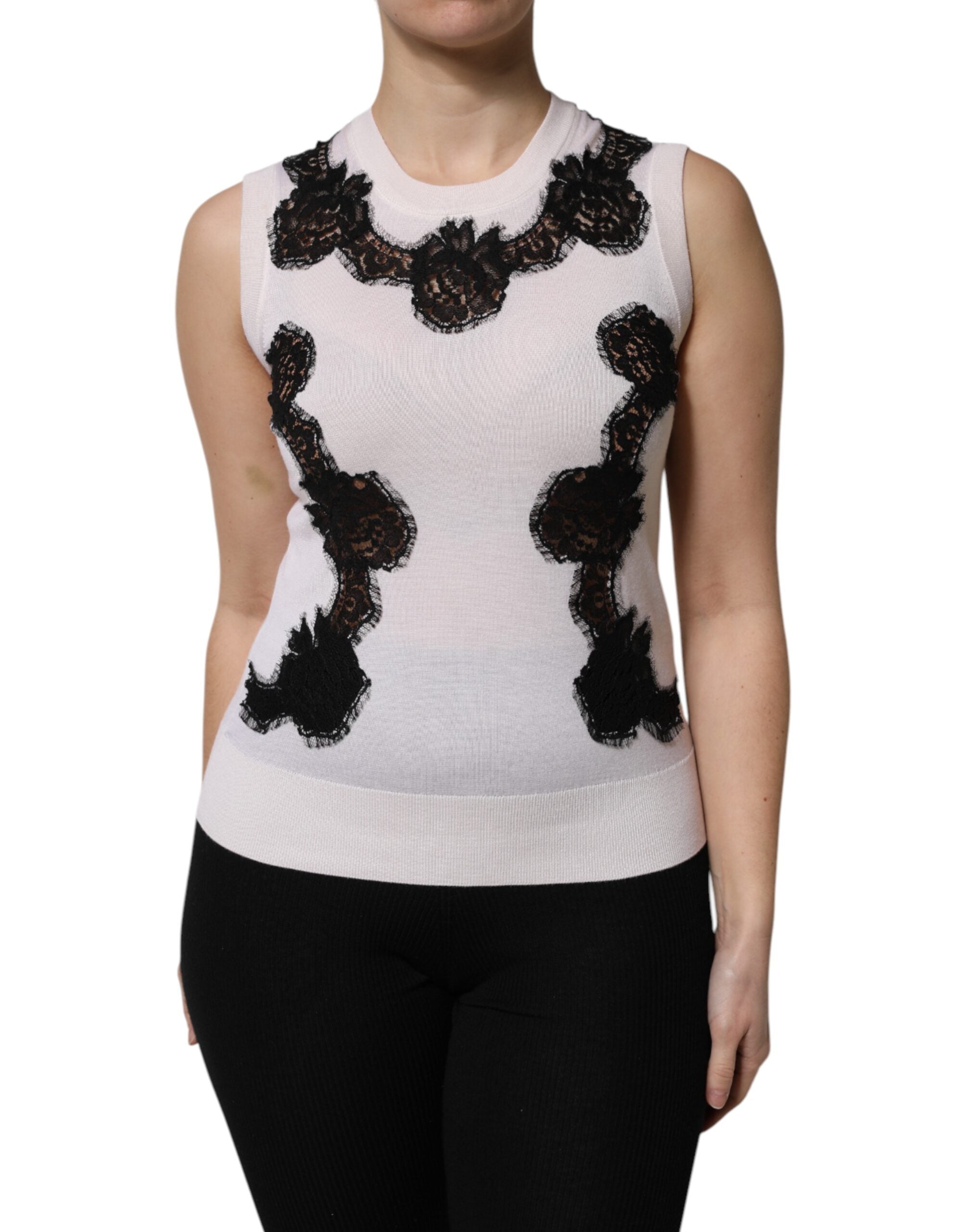 White Cashmere Floral Lace Detailing Tank Top - ventzia