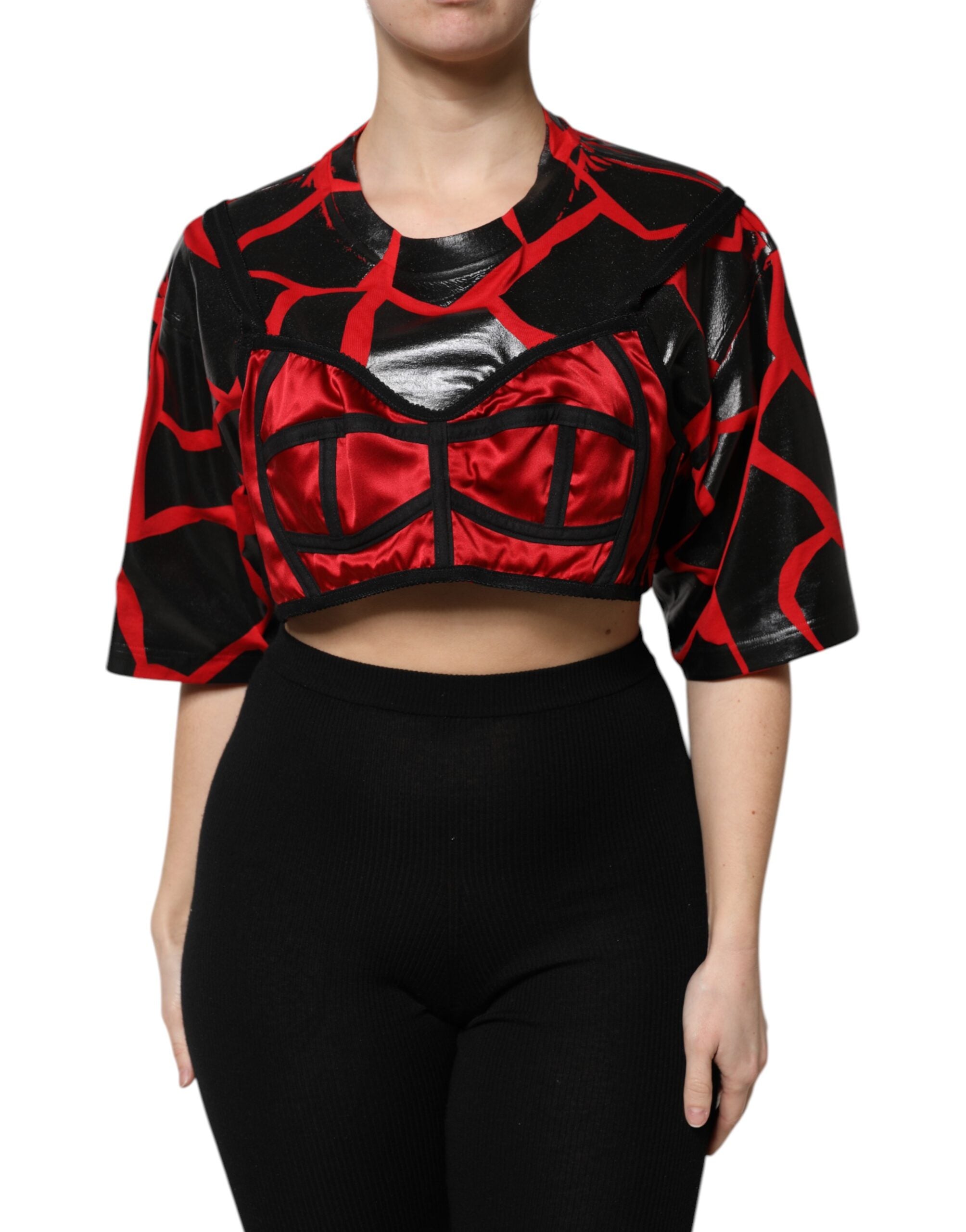 Red Black Cotton Bustier Detailing Cropped Top - ventzia