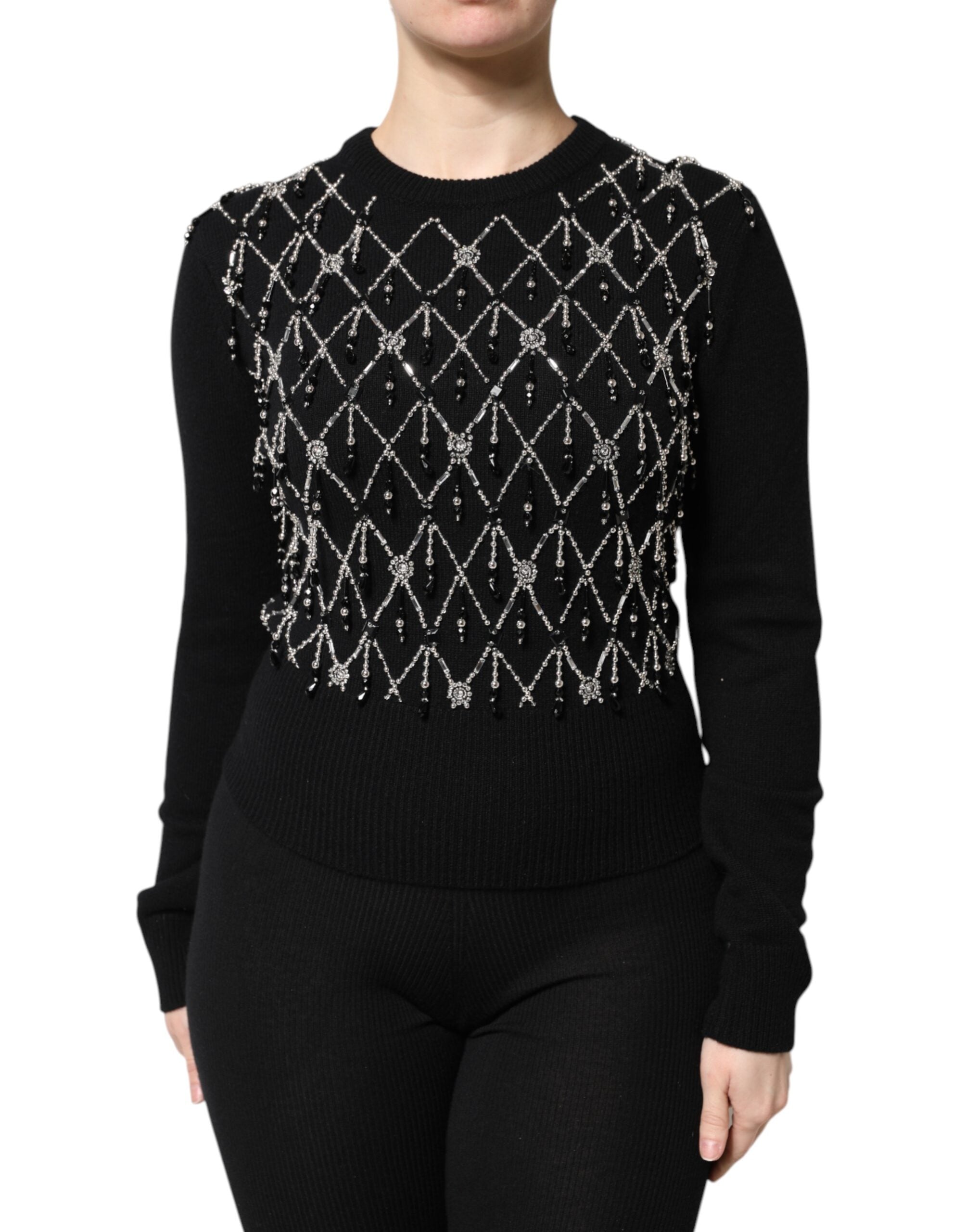 Black Cashmere Embellished Long Sleeves Top - ventzia