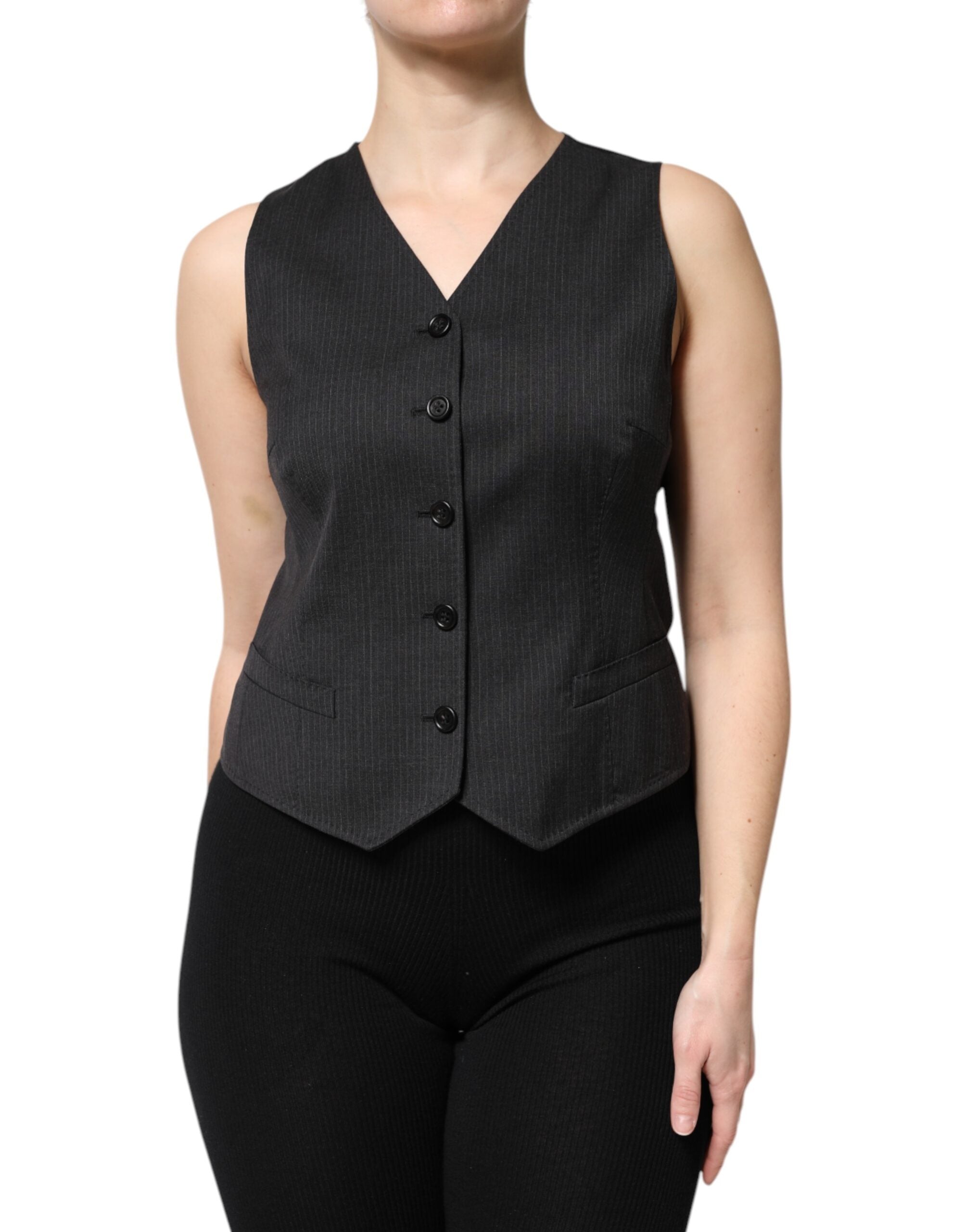 Black Striped Button Down Sleeveless Vest Top - ventzia