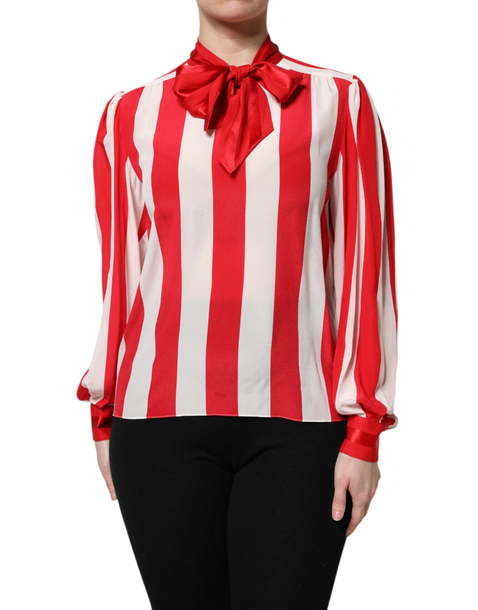 Red White Stripes Ascot Collar Blouse Top - ventzia