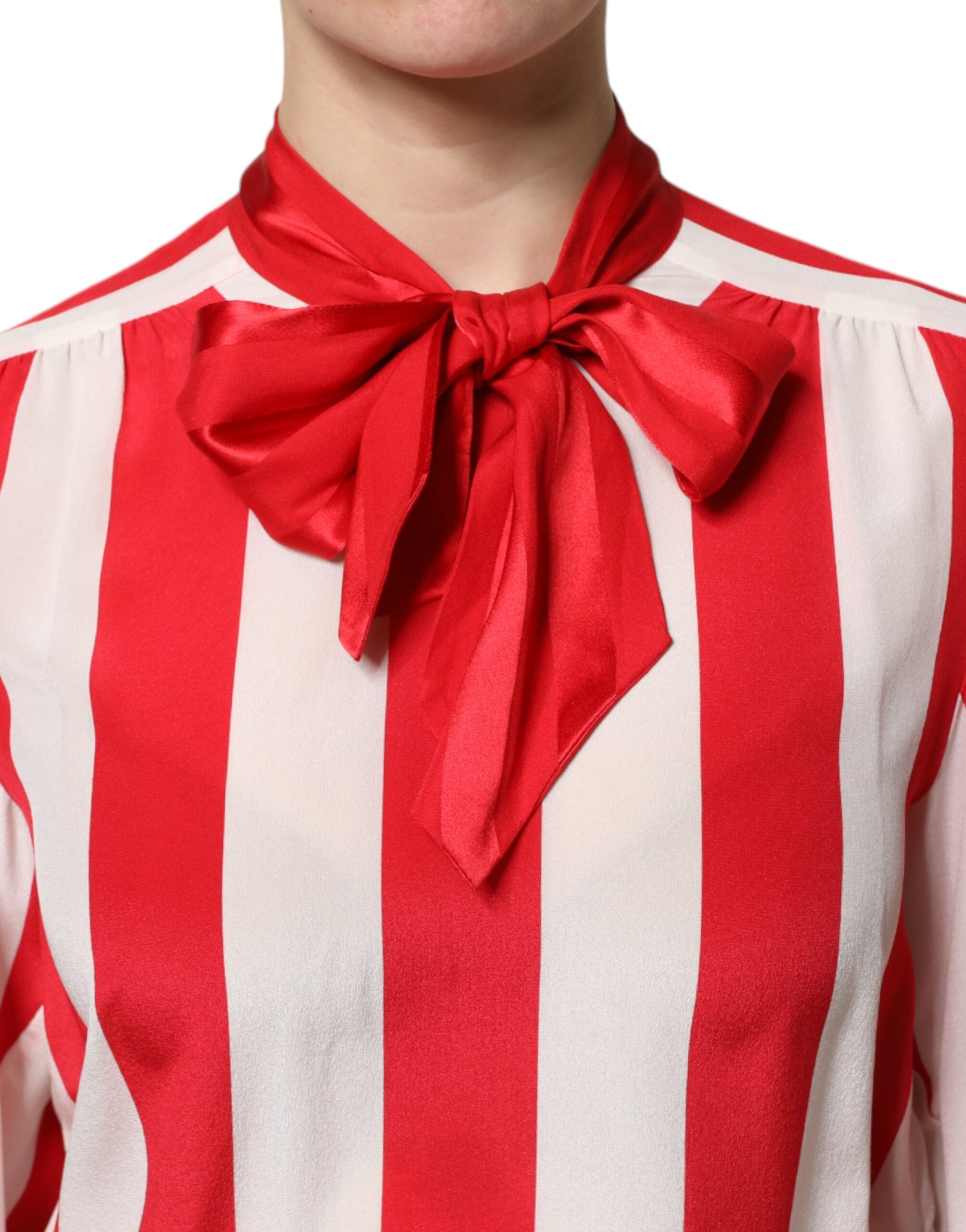 Red White Stripes Ascot Collar Blouse Top - ventzia