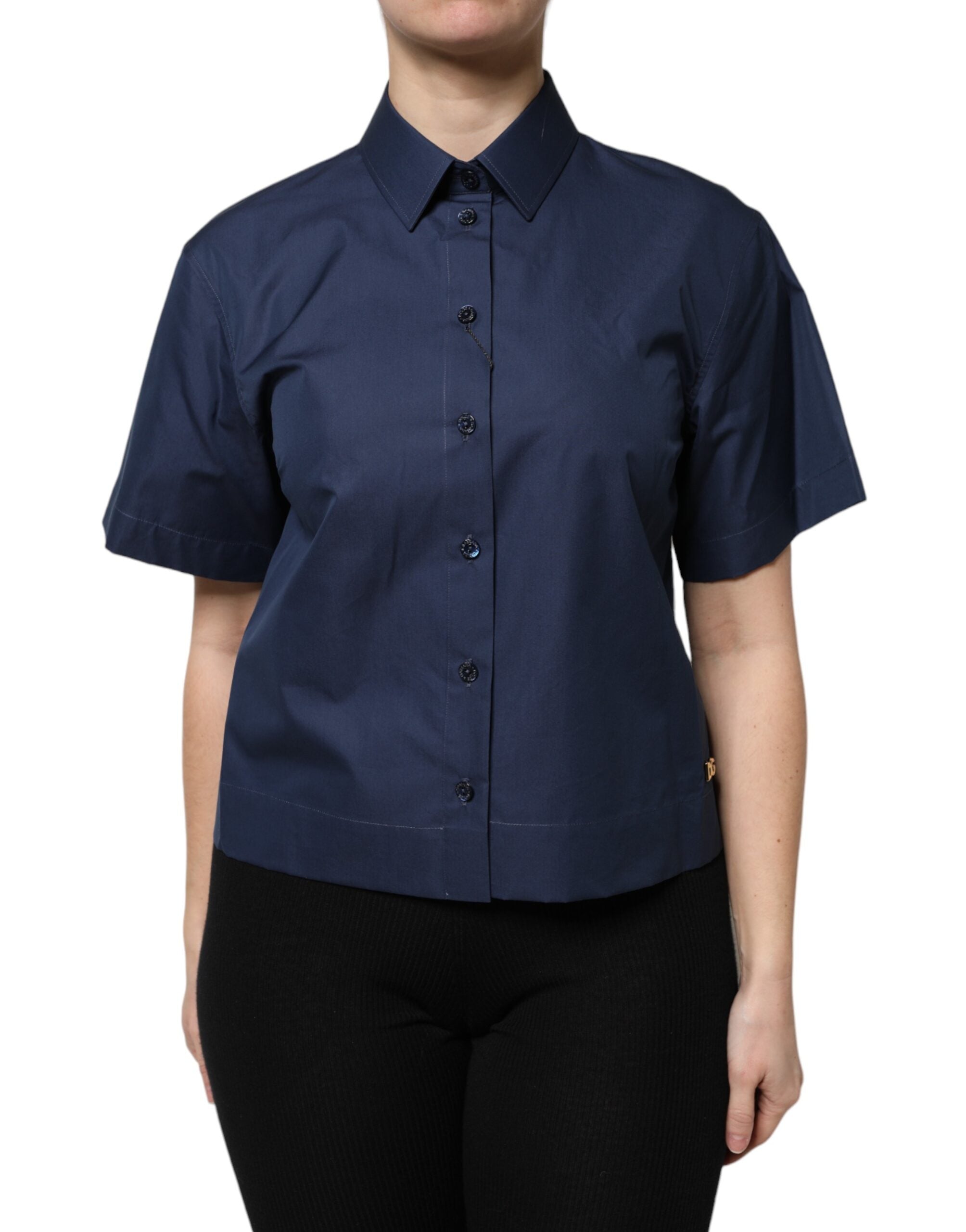 Blue Cotton Short Sleeves Button Down Top - ventzia