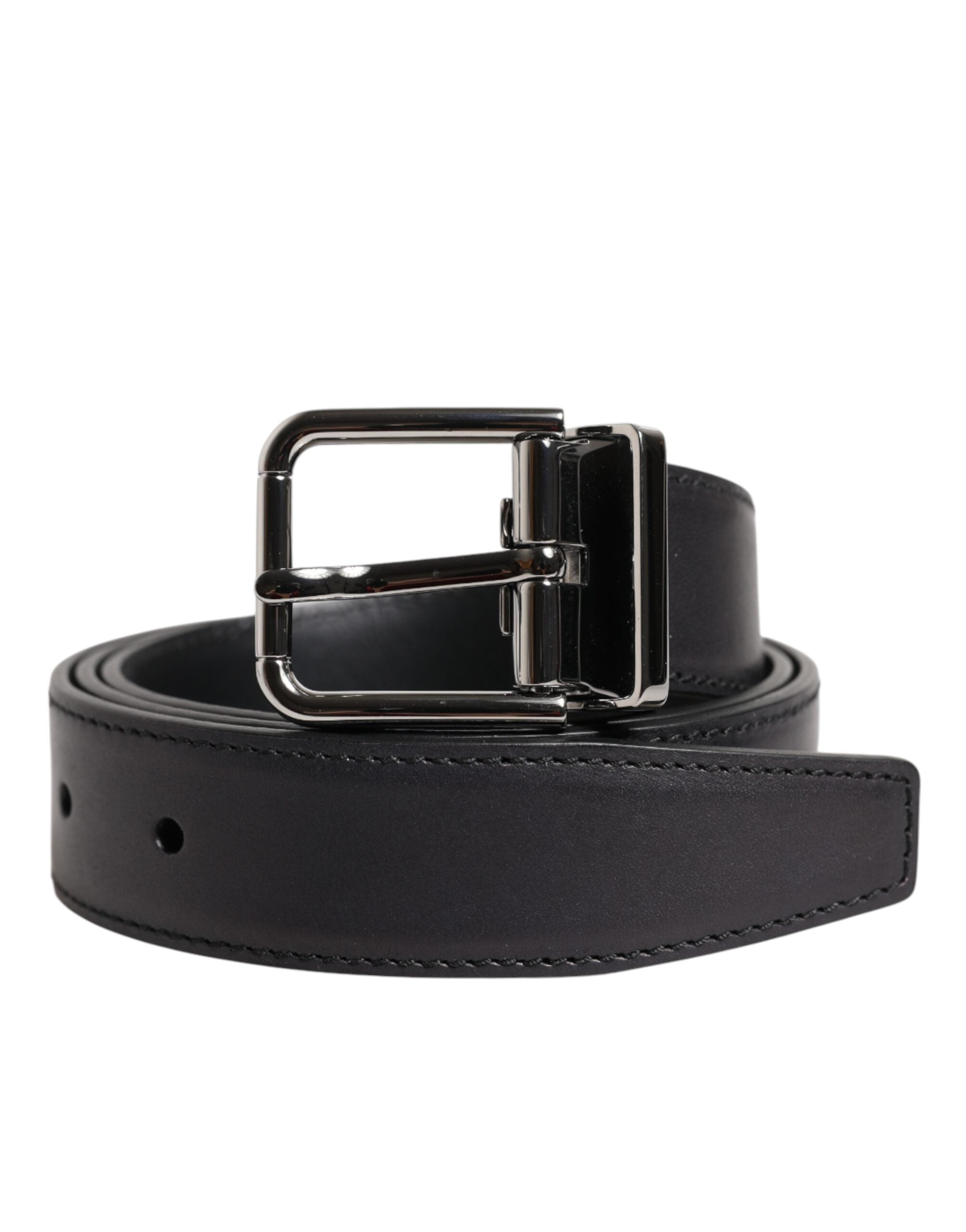 Black Classic Calf Leather Silver Buckle Belt - ventzia