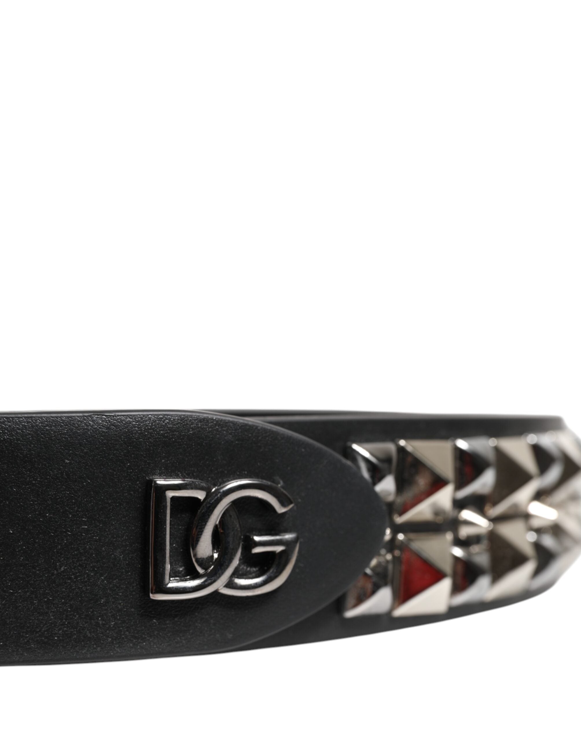 Black Calf Leather Studded Silver Buckle Belt - ventzia