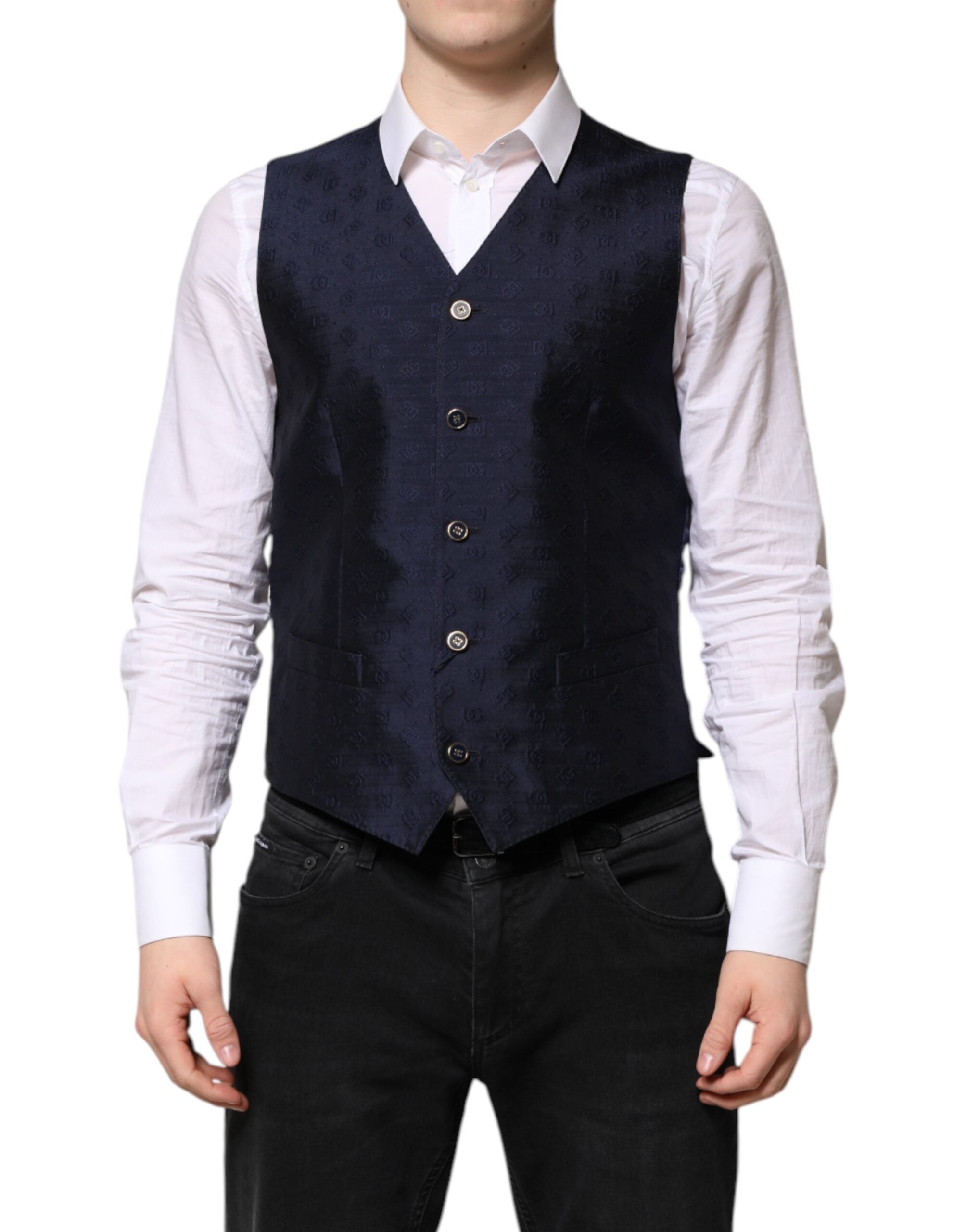 Dark Blue Logo Wool Formal Men Waistcoat Vest - ventzia