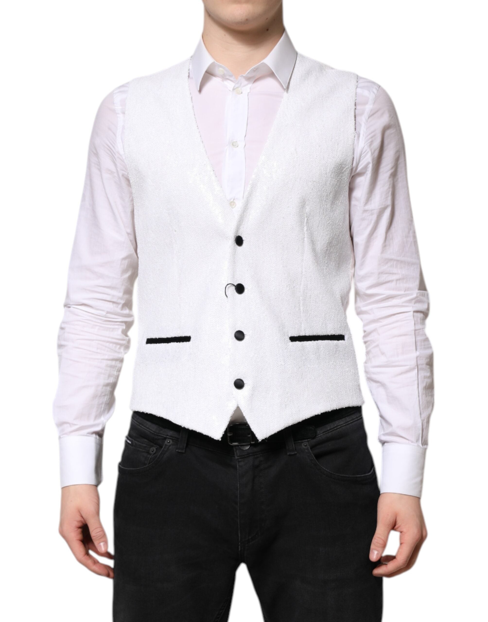 White Sequined Dress Formal Waistcoat Vest - ventzia