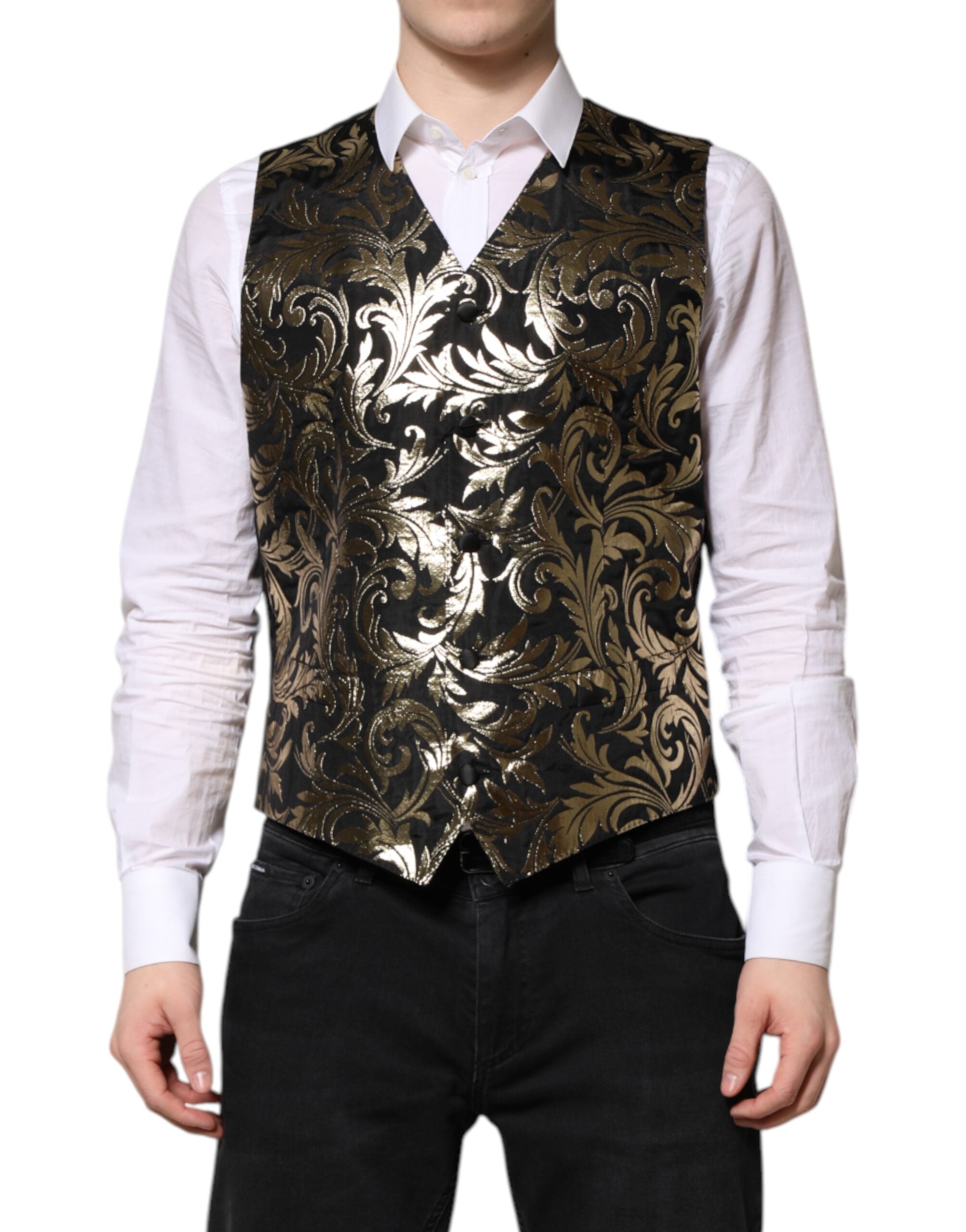 Black Gold Jacquard Formal Men Waistcoat Vest - ventzia