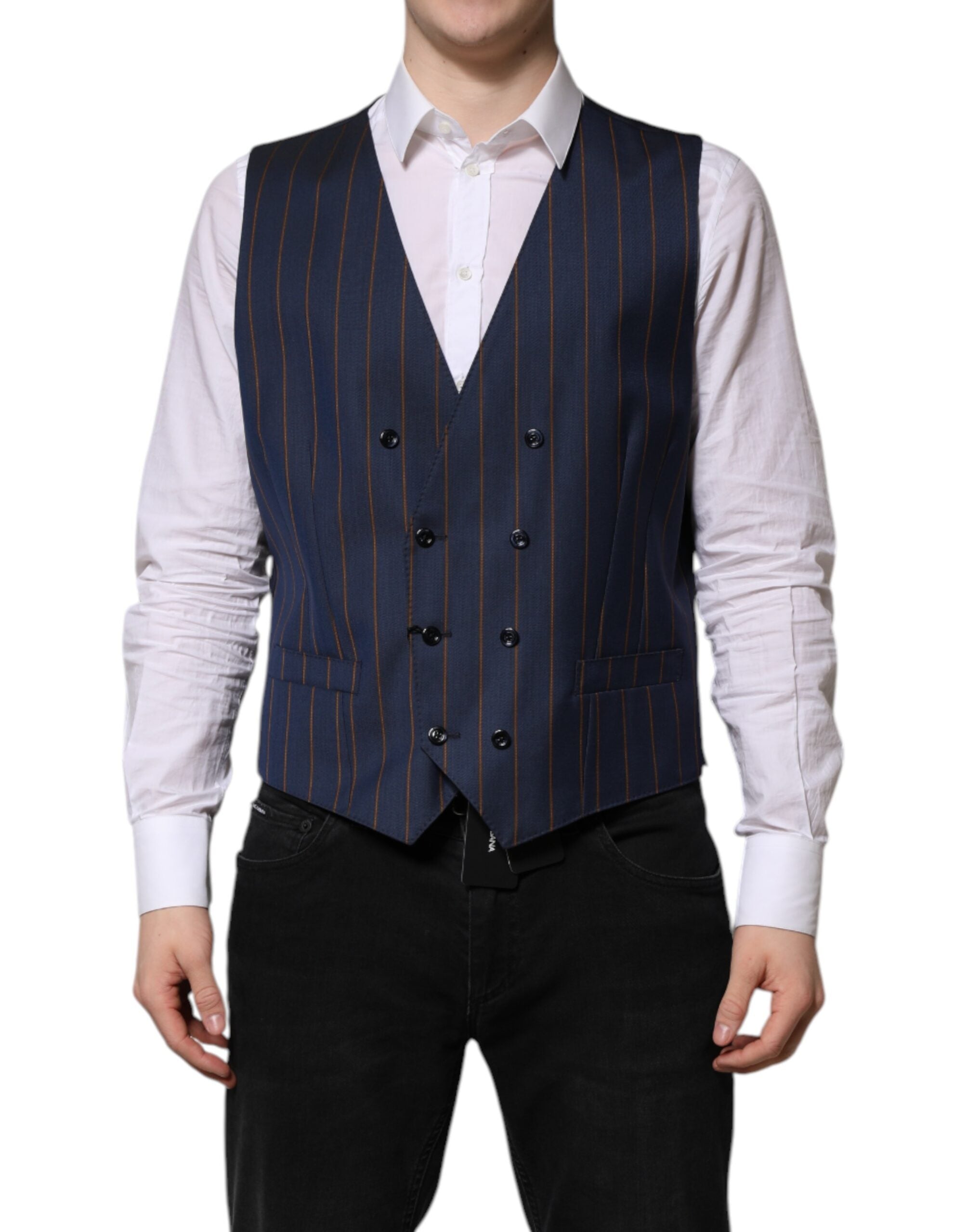 Blue Stripes Wool Formal Men Waistcoat Vest - ventzia