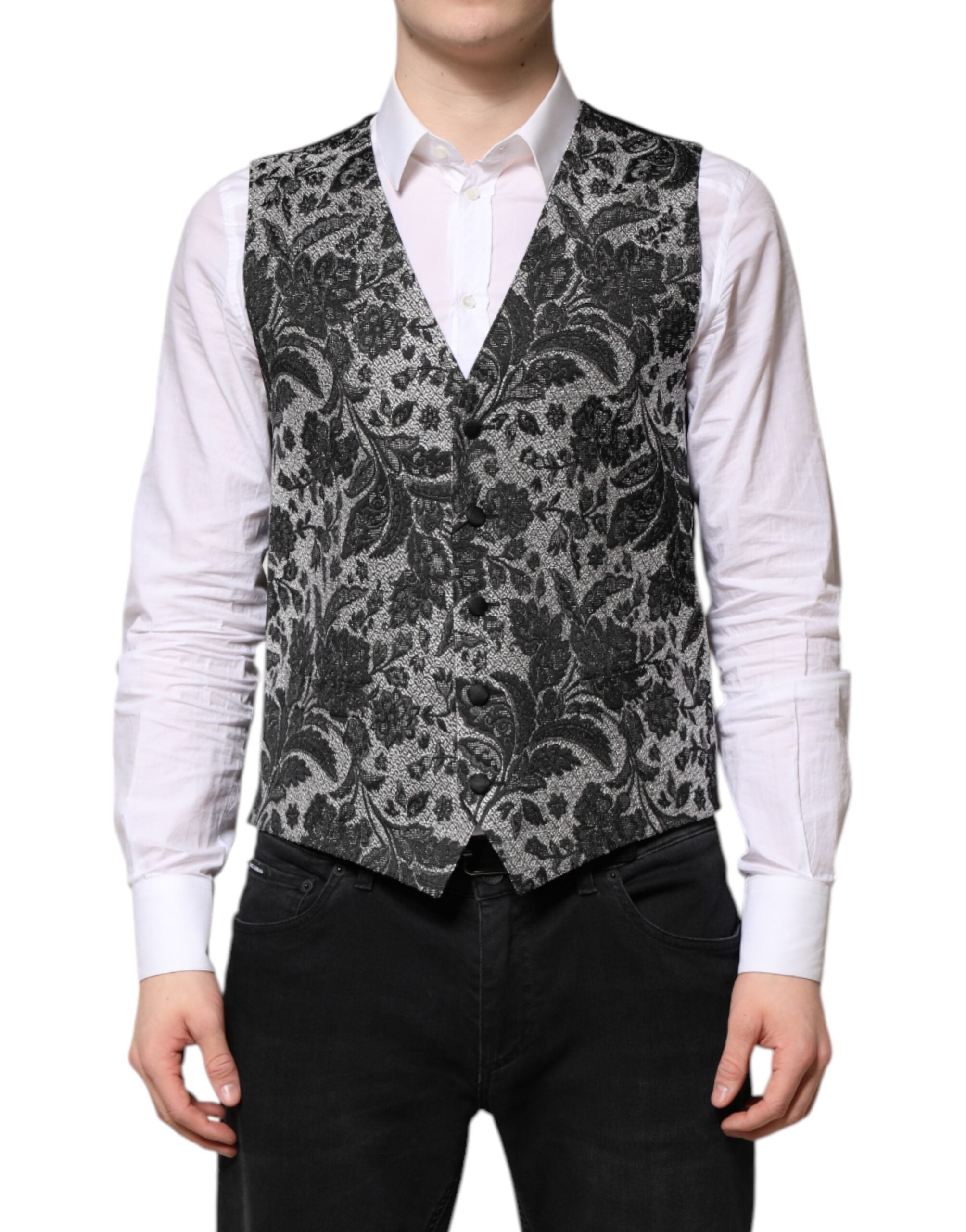 Black Gray Brocade Formal Men Waistcoat Vest - ventzia