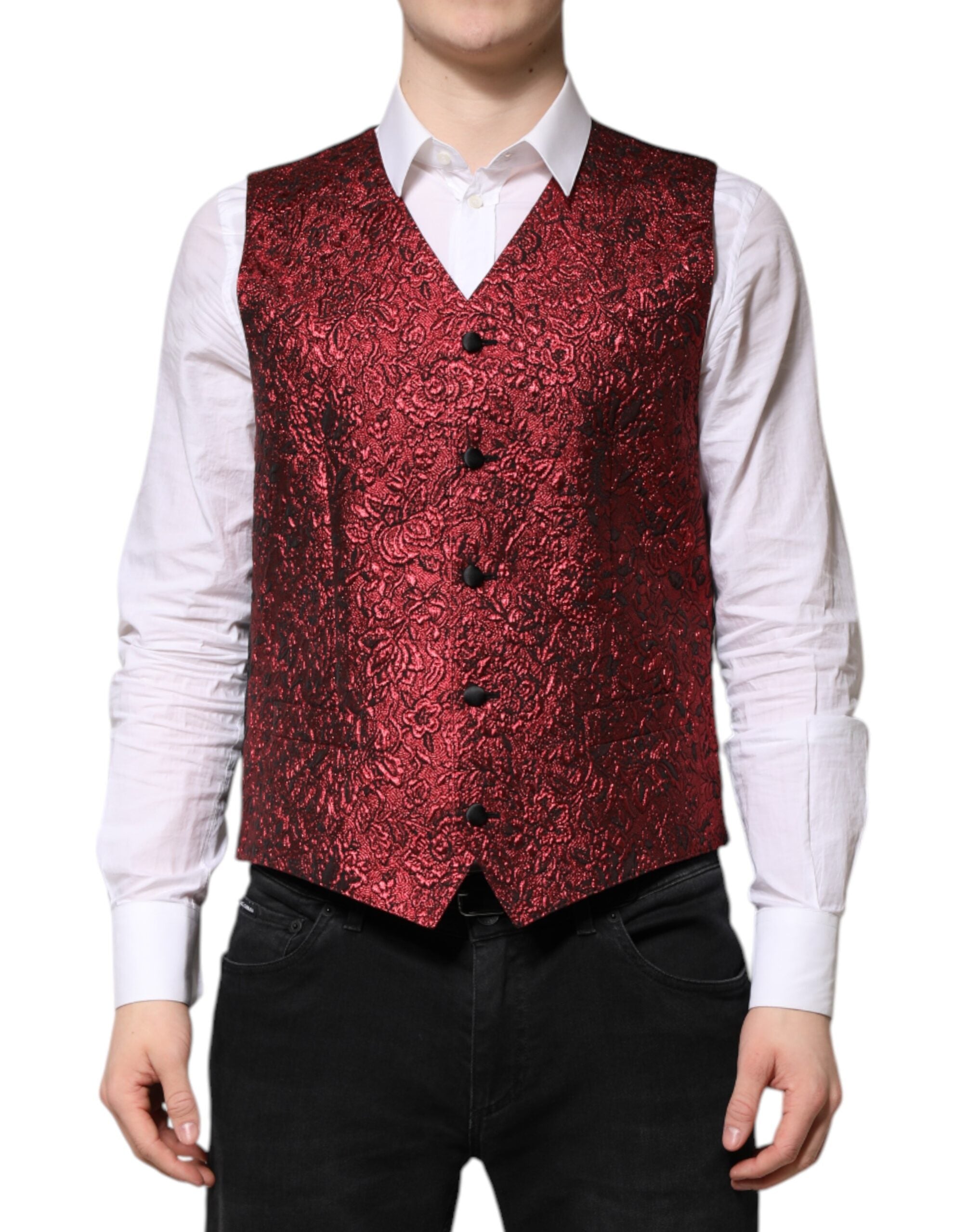 Red Floral Brocade Formal Men Waistcoat Vest - ventzia