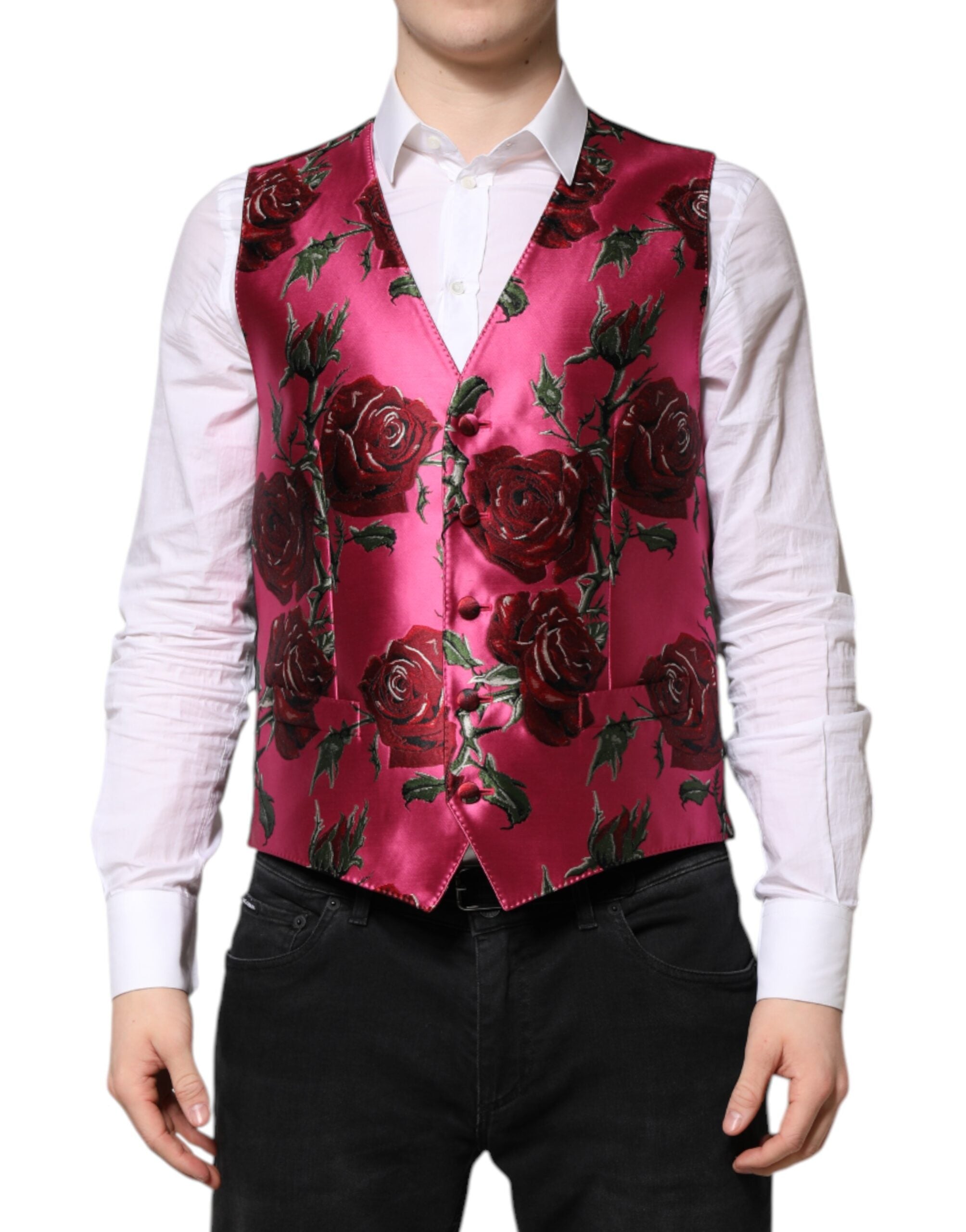 Pink Floral Satin Formal Men Waistcoat Vest - ventzia