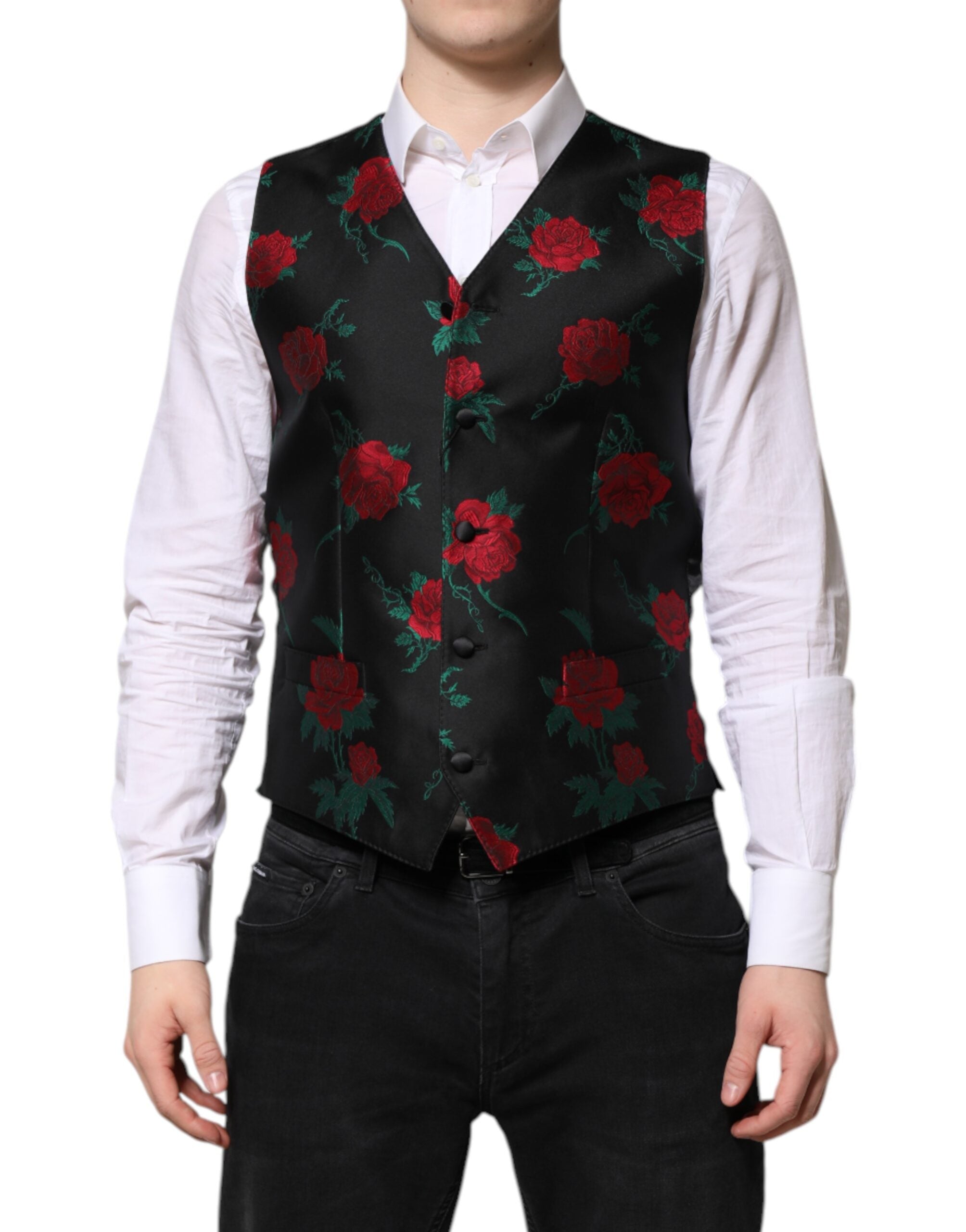 Red Floral Brocade Formal Men Waistcoat Vest - ventzia