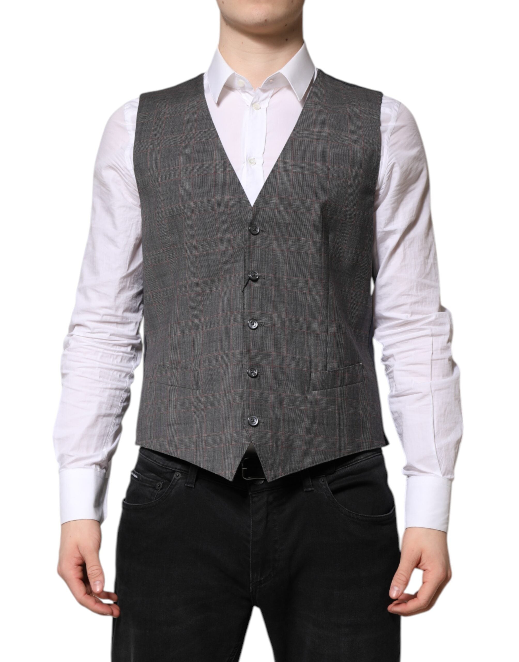 Gray Plaid Wool Formal Dress Waistcoat Vest - ventzia