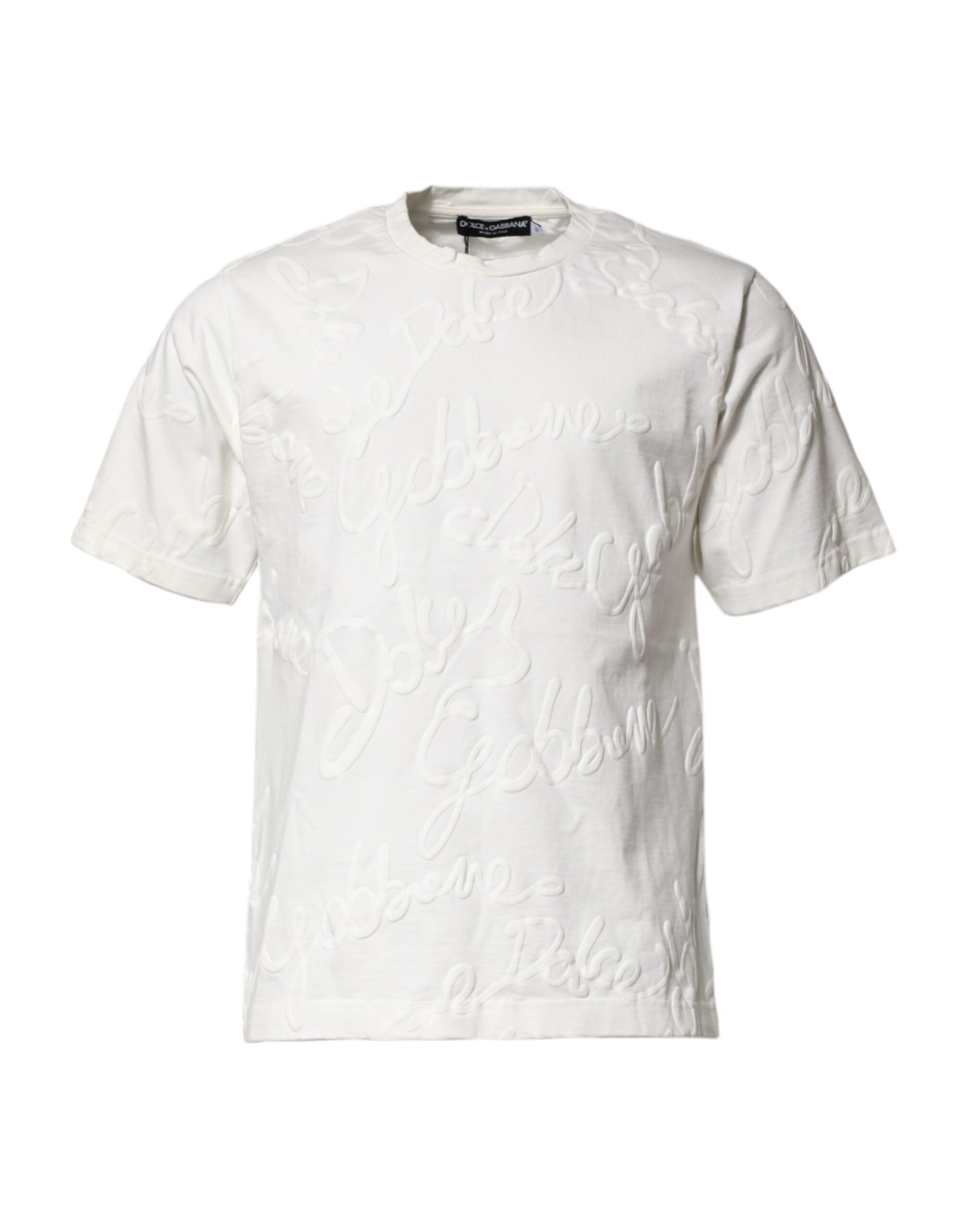 White Cotton Logo Embossed Crew Neck T-shirt - ventzia