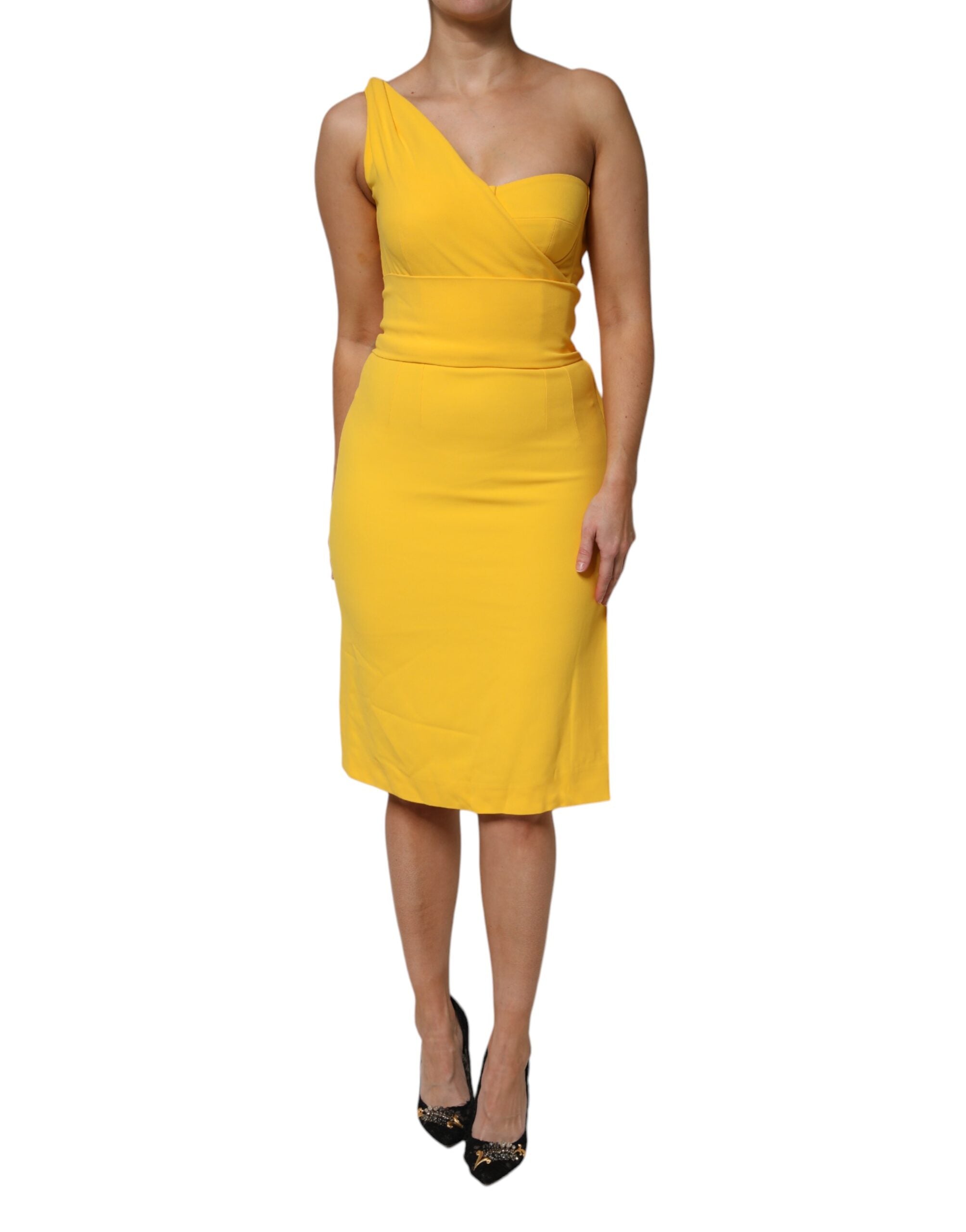 Yellow One Shoulder Side Slit Midi Dress - ventzia