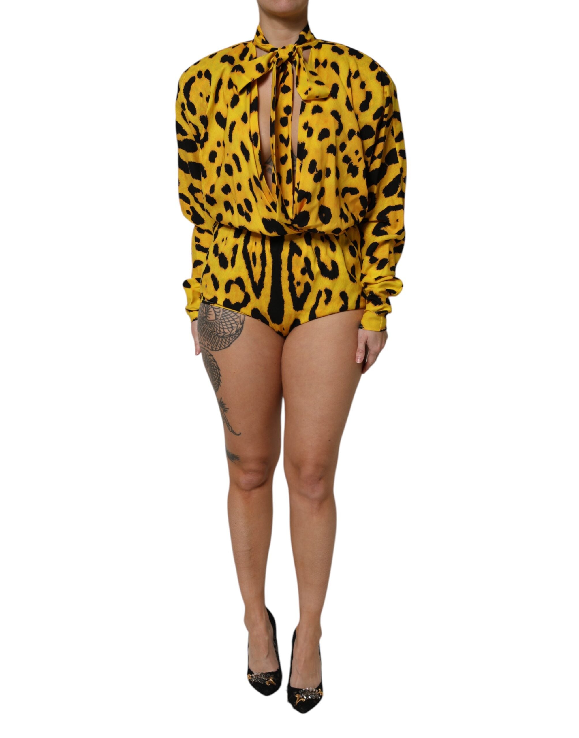 Yellow Leopard Long Sleeves Jumpsuit Dress - ventzia
