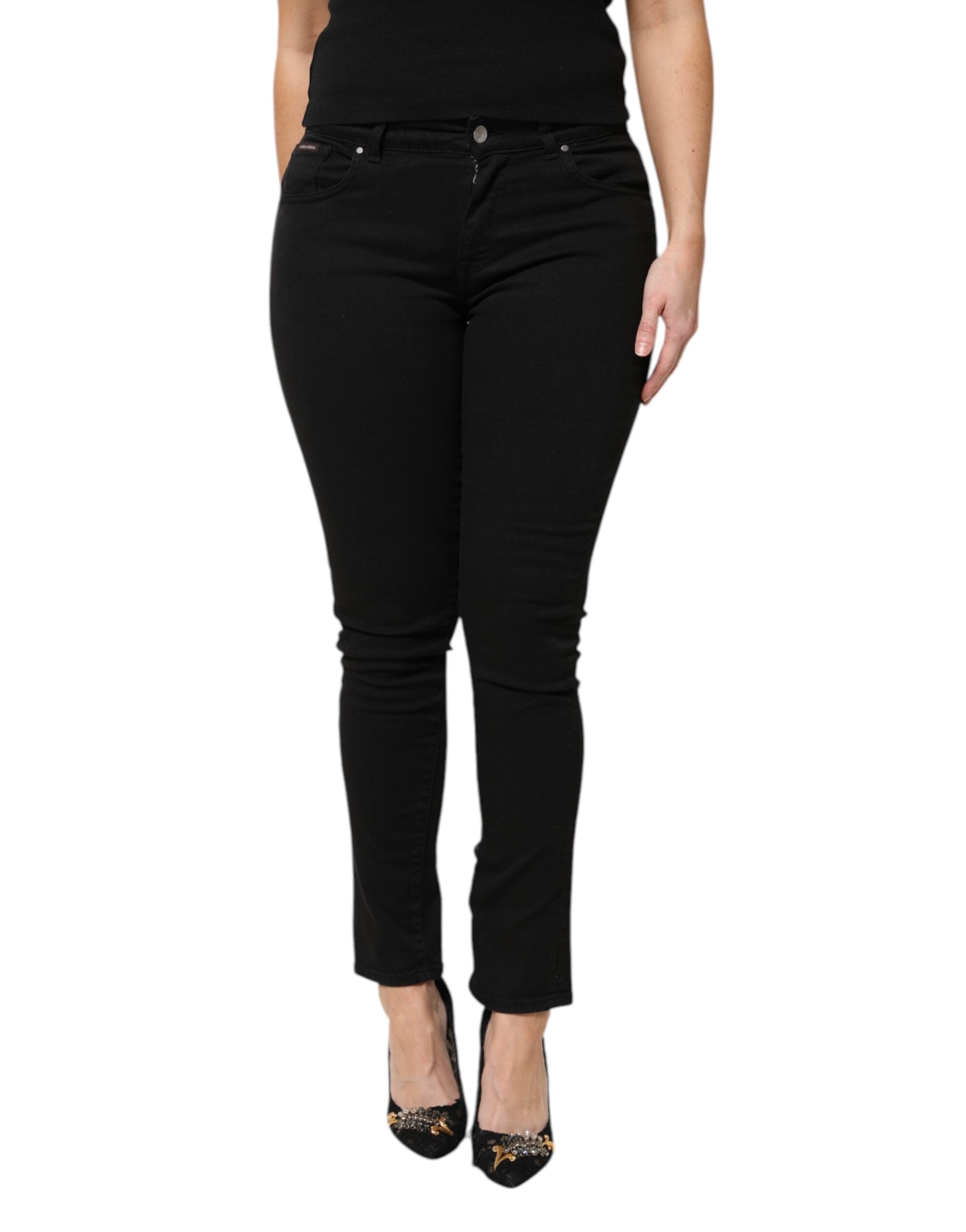 Black Cotton Logo Mid Waist Skinny Denim Jeans - ventzia