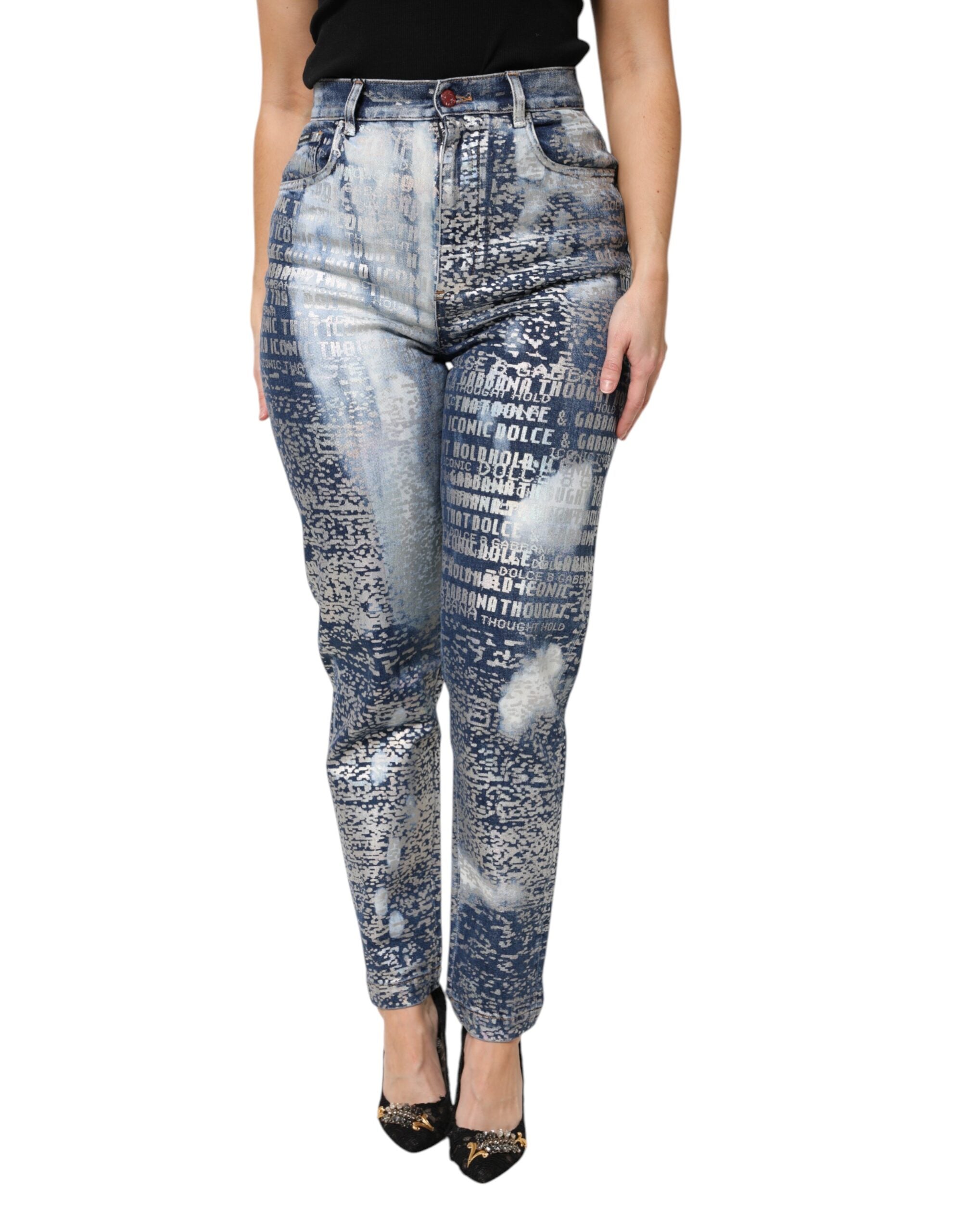 Blue Washed Print High Waist Denim Jeans - ventzia