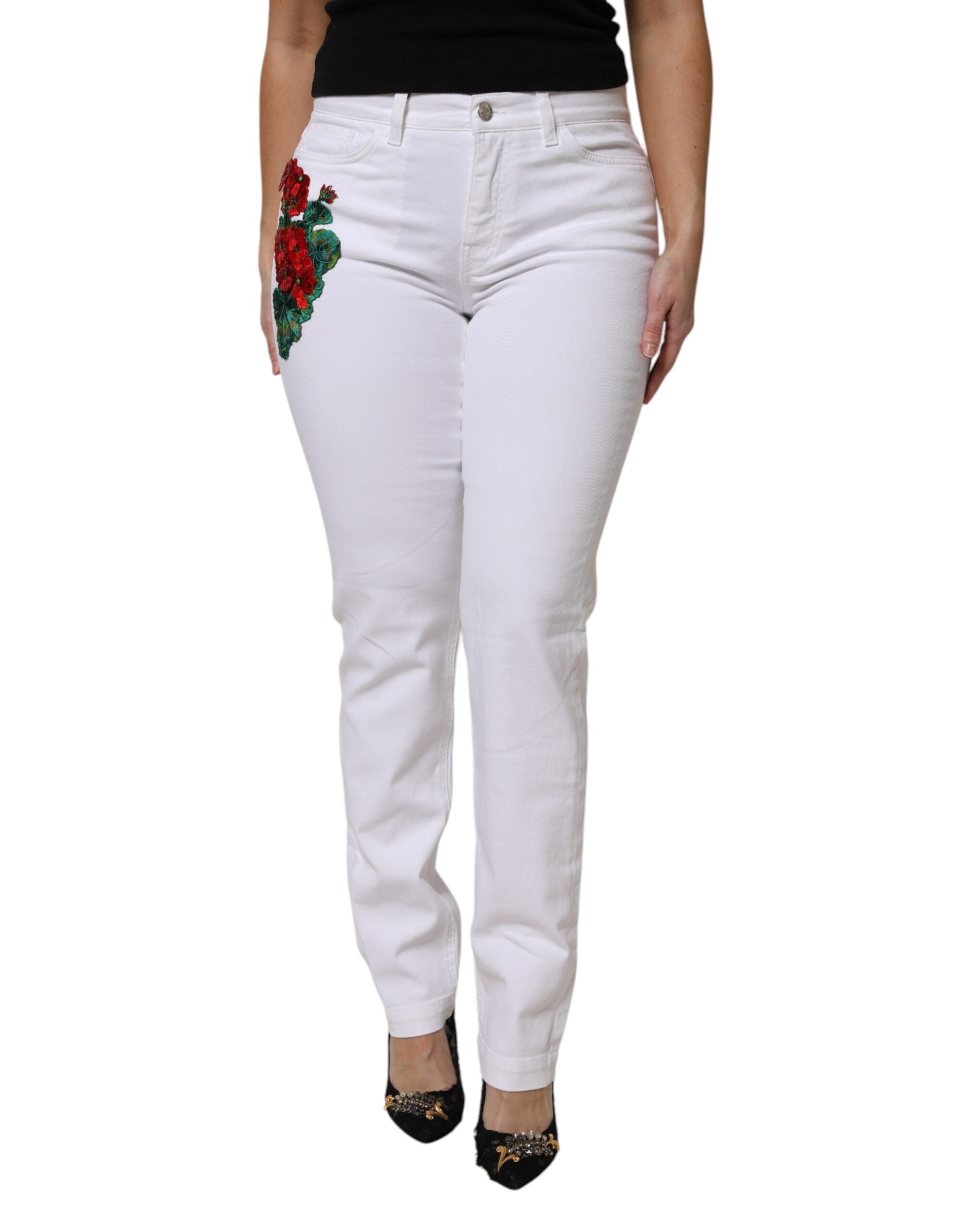 White Floral Sequined GIRLY Denim Jeans - ventzia