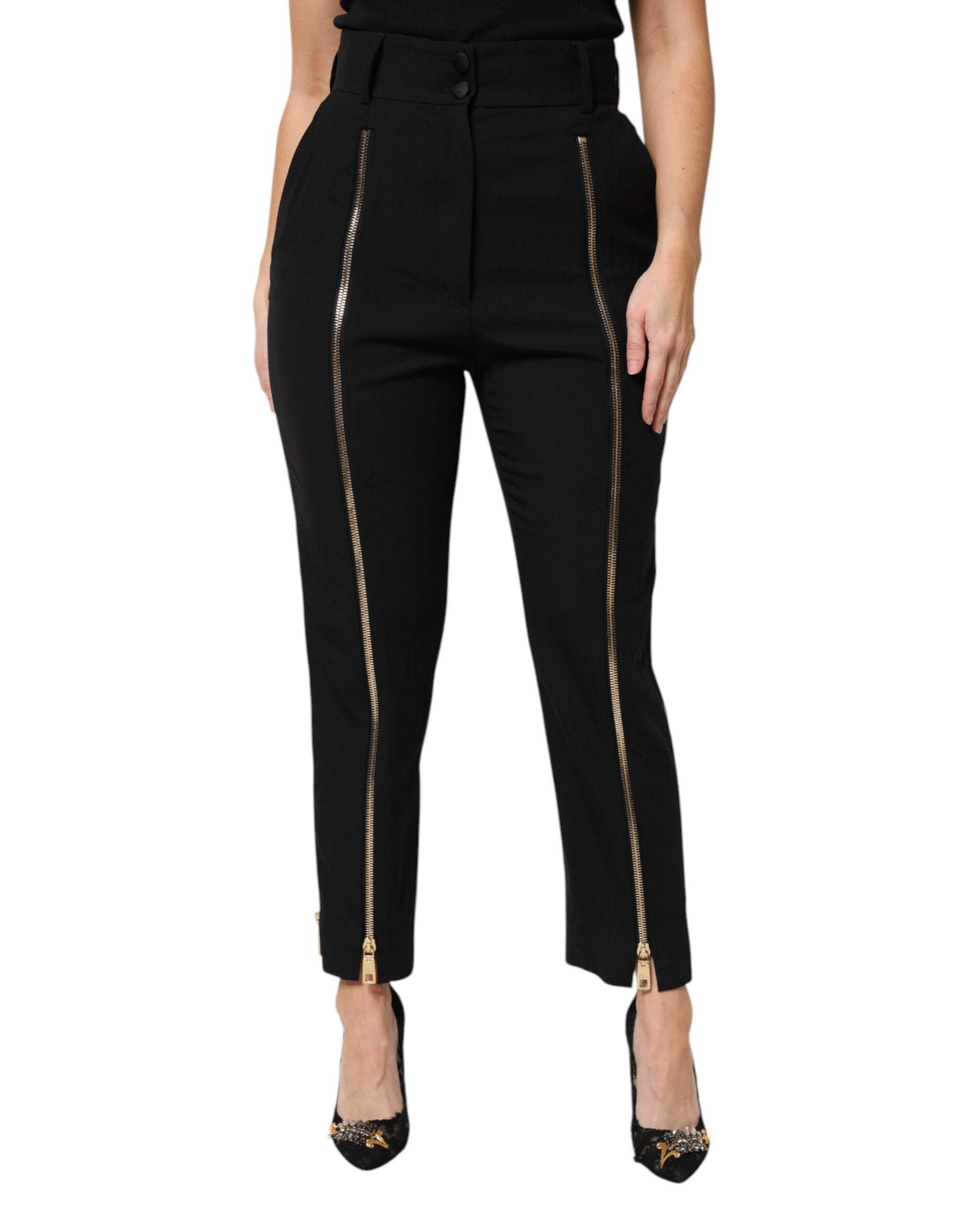 Black Wool High Waist Zipper Tapered Pants - ventzia