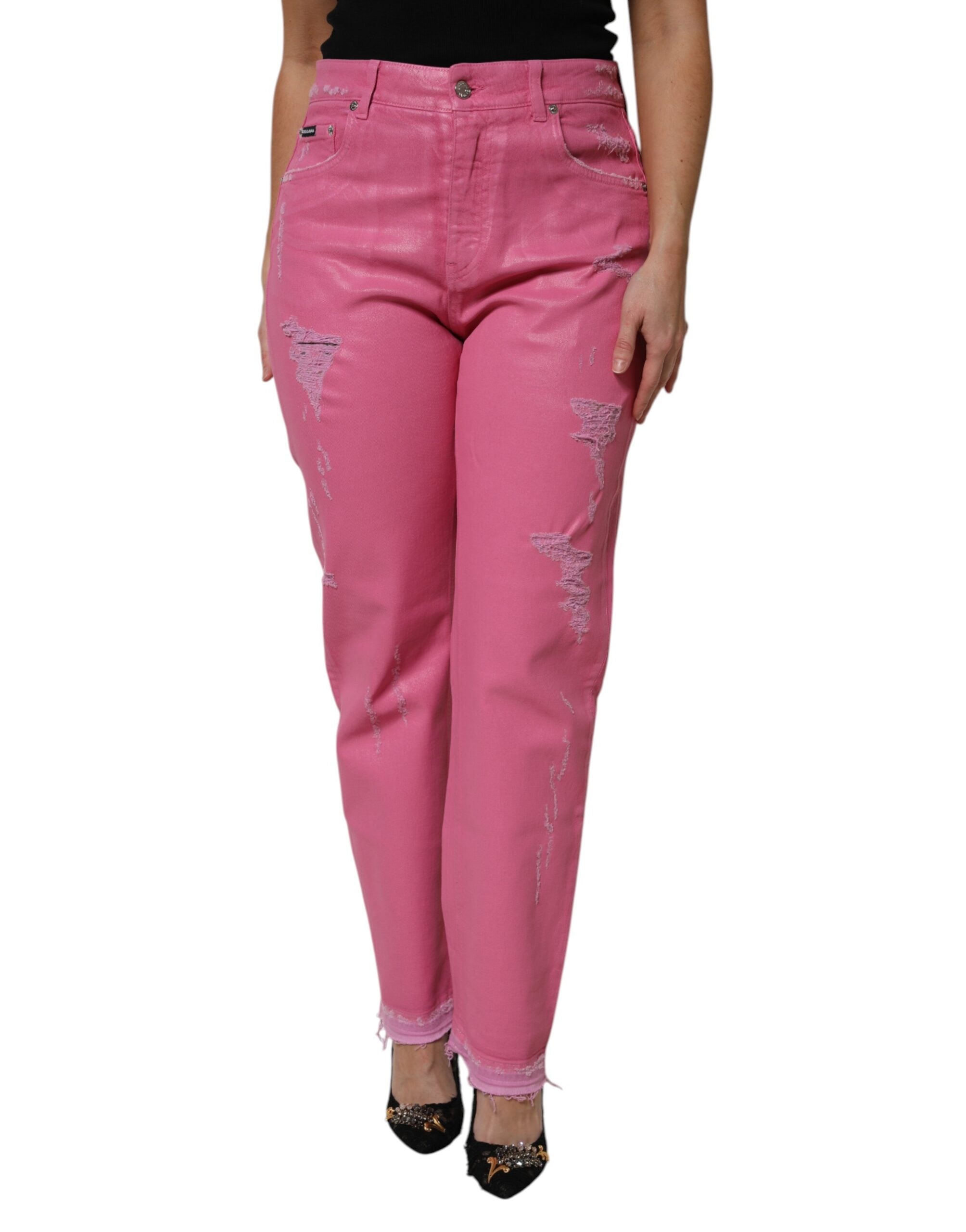 Pink Tattered Mid Waist Tapered Denim Jeans - ventzia