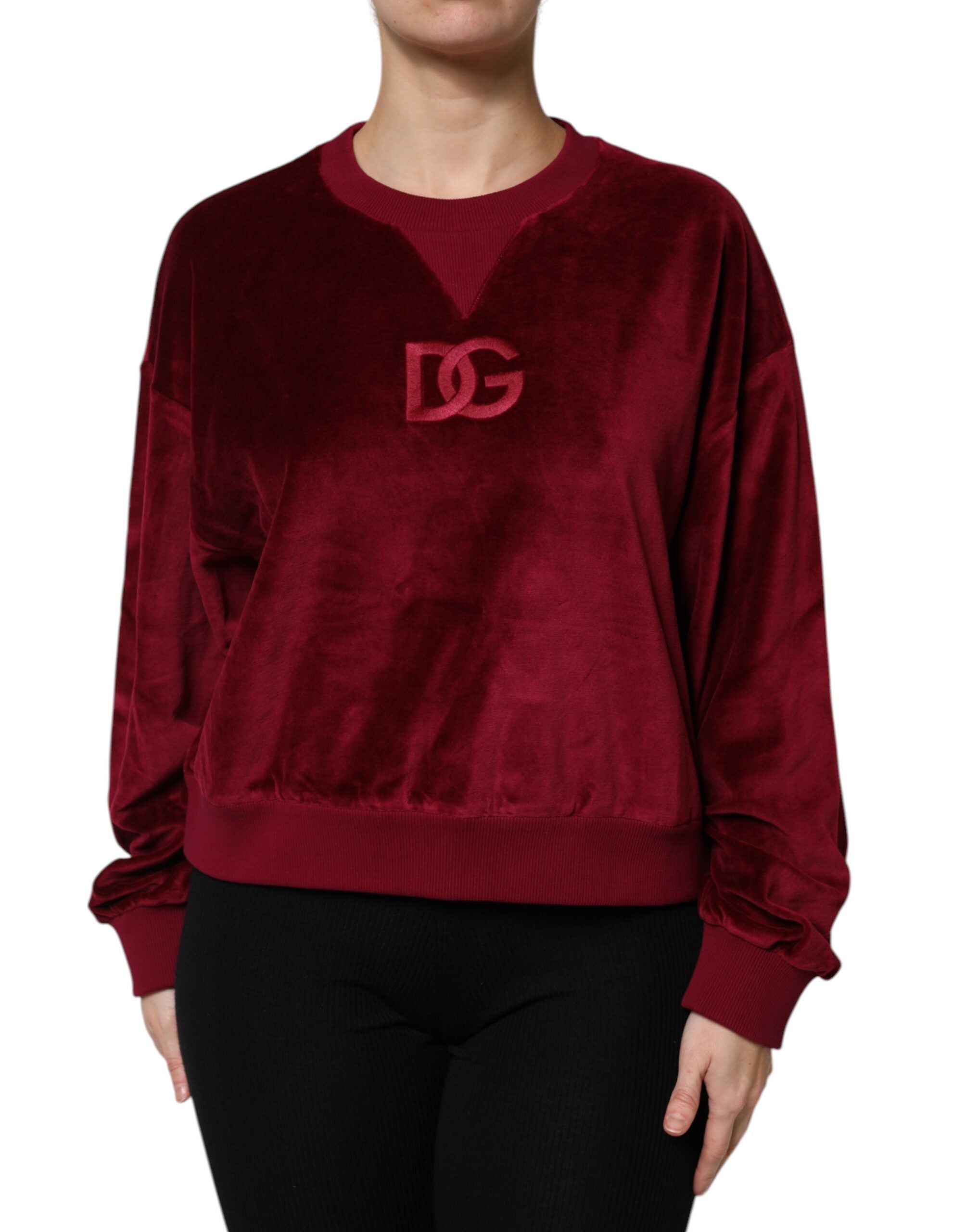 Red Cotton Velvet Crew Neck Pullover Sweater - ventzia