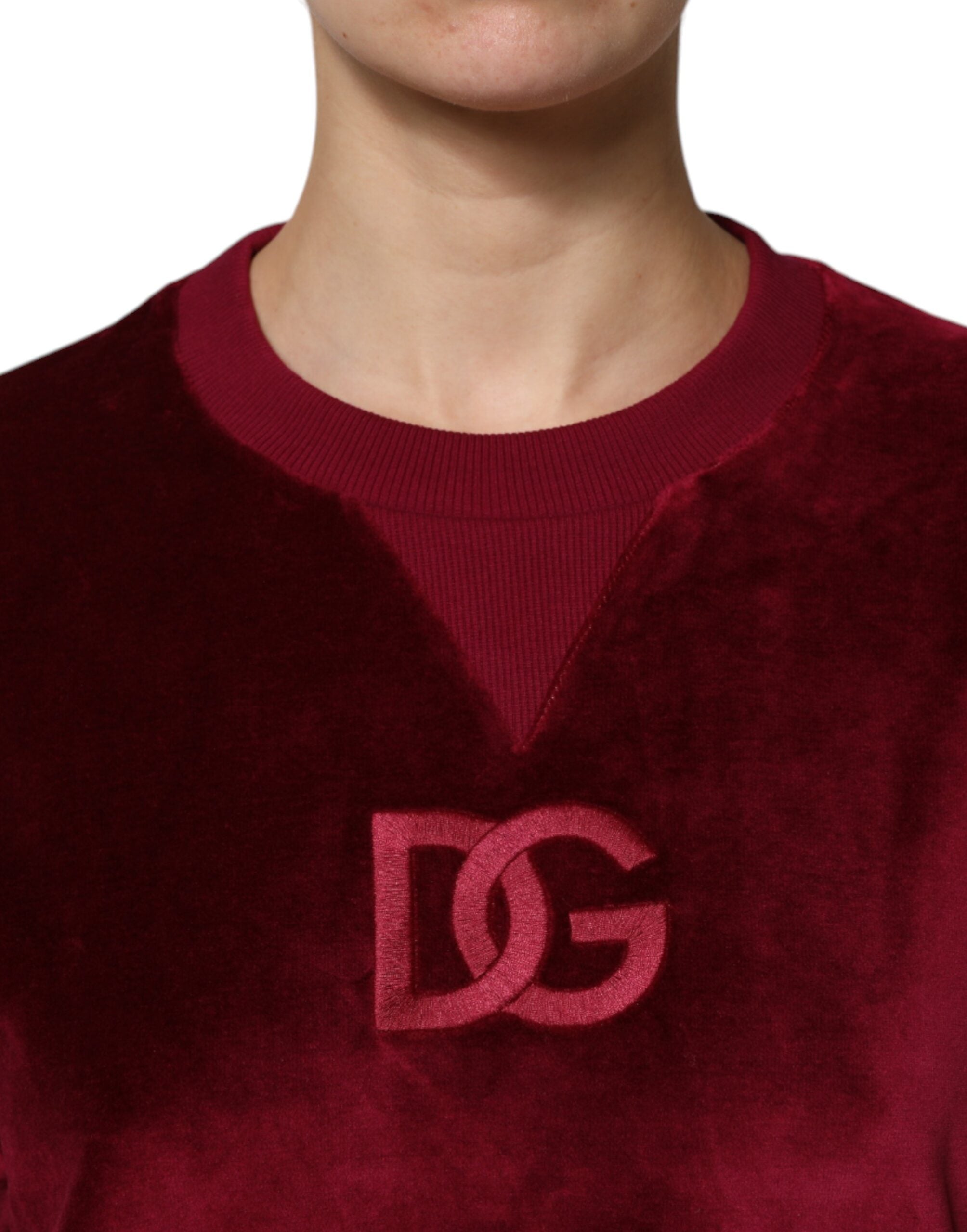 Red Cotton Velvet Crew Neck Pullover Sweater - ventzia