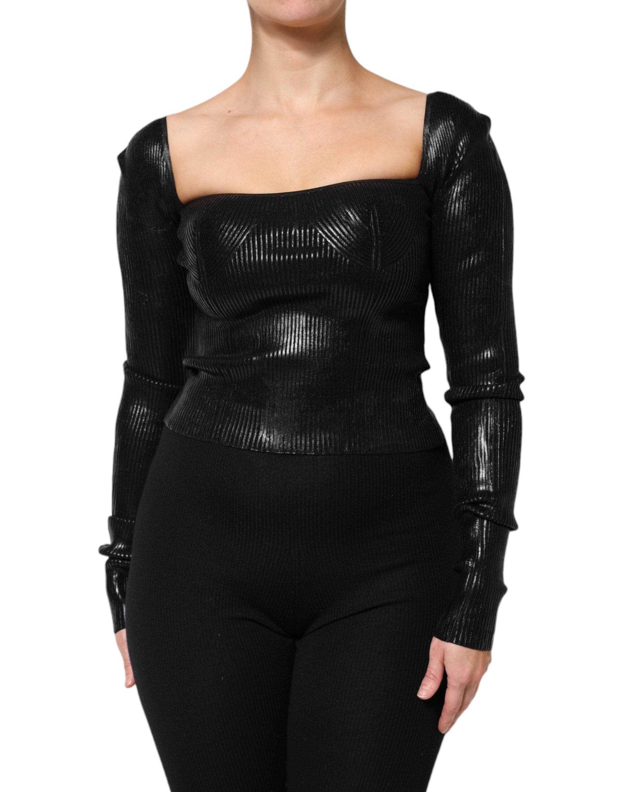 Black Viscose Long Sleeves Fitted Blouse Top - ventzia