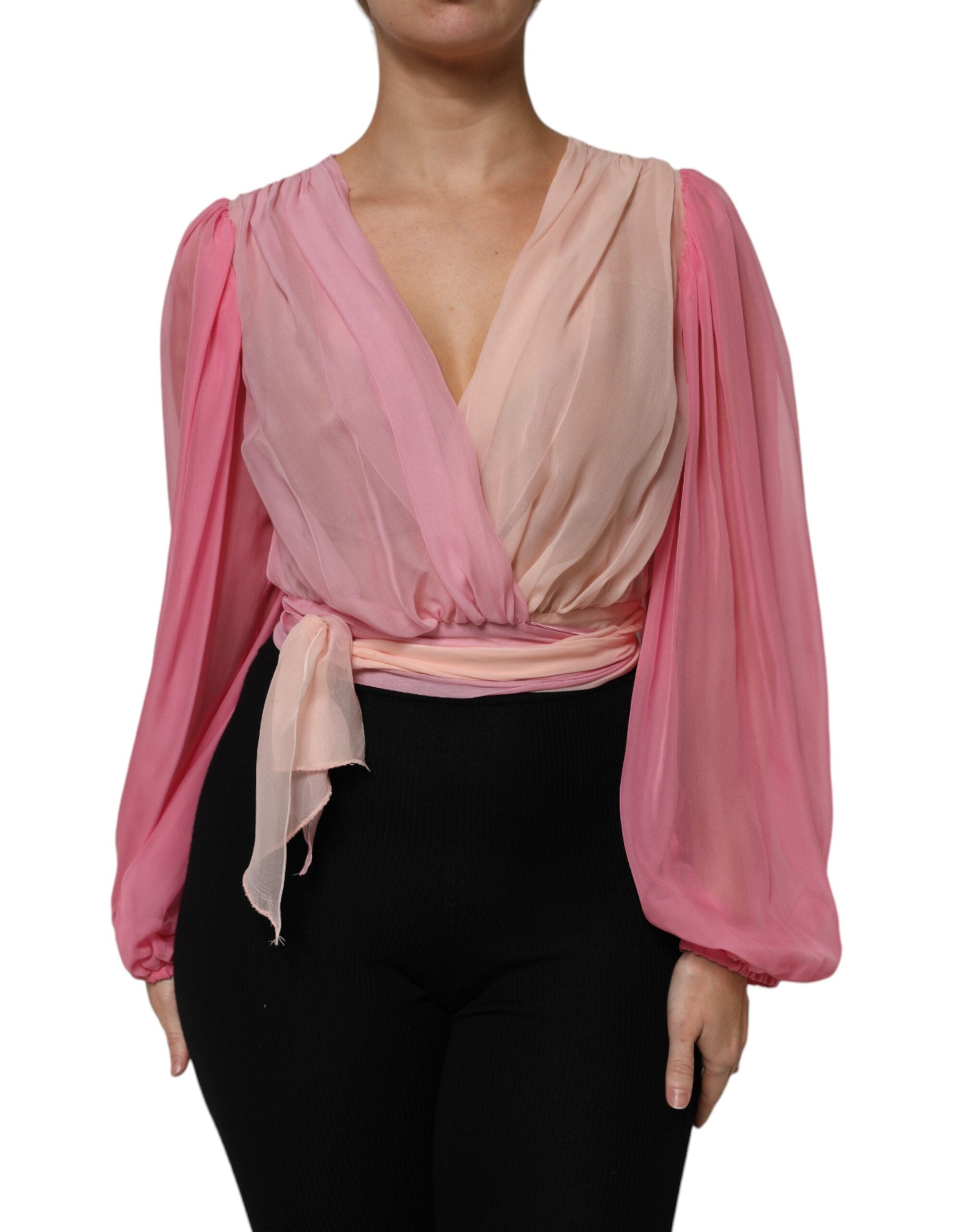 Pink Plunging V-neck Long Sleeves Blouse Top - ventzia