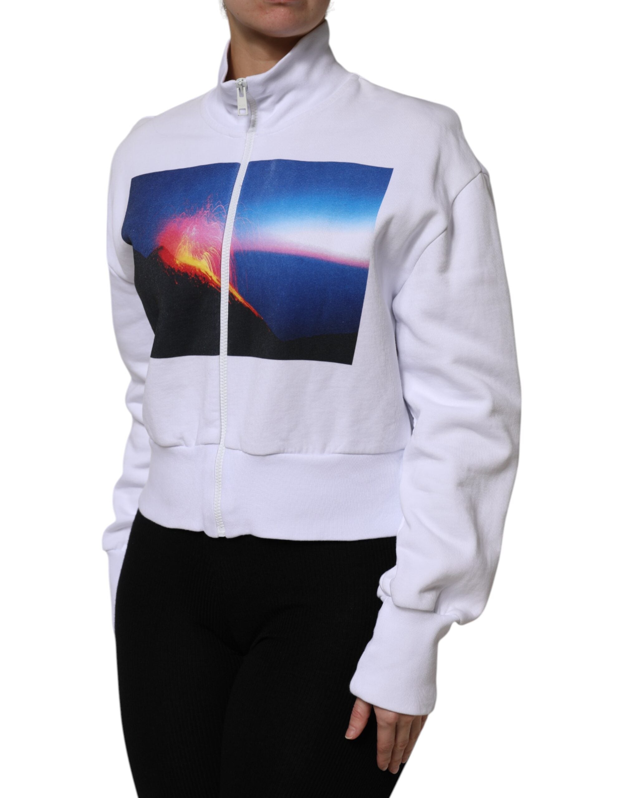 White Graphic Print Cotton Long Sleeves Full Zip Bomber Jacket - ventzia