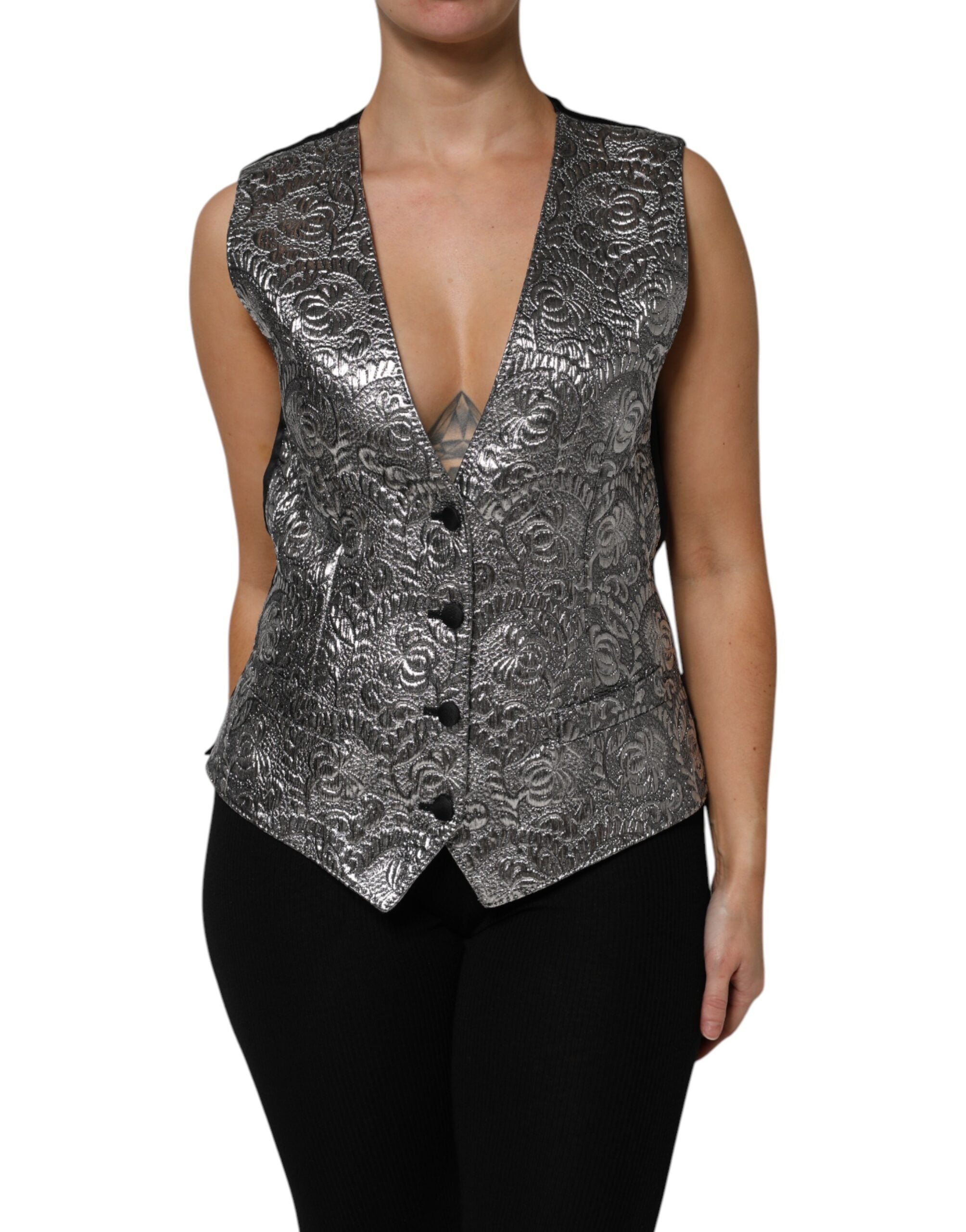 Silver Floral Jacquard Sleeveless Vest Top - ventzia