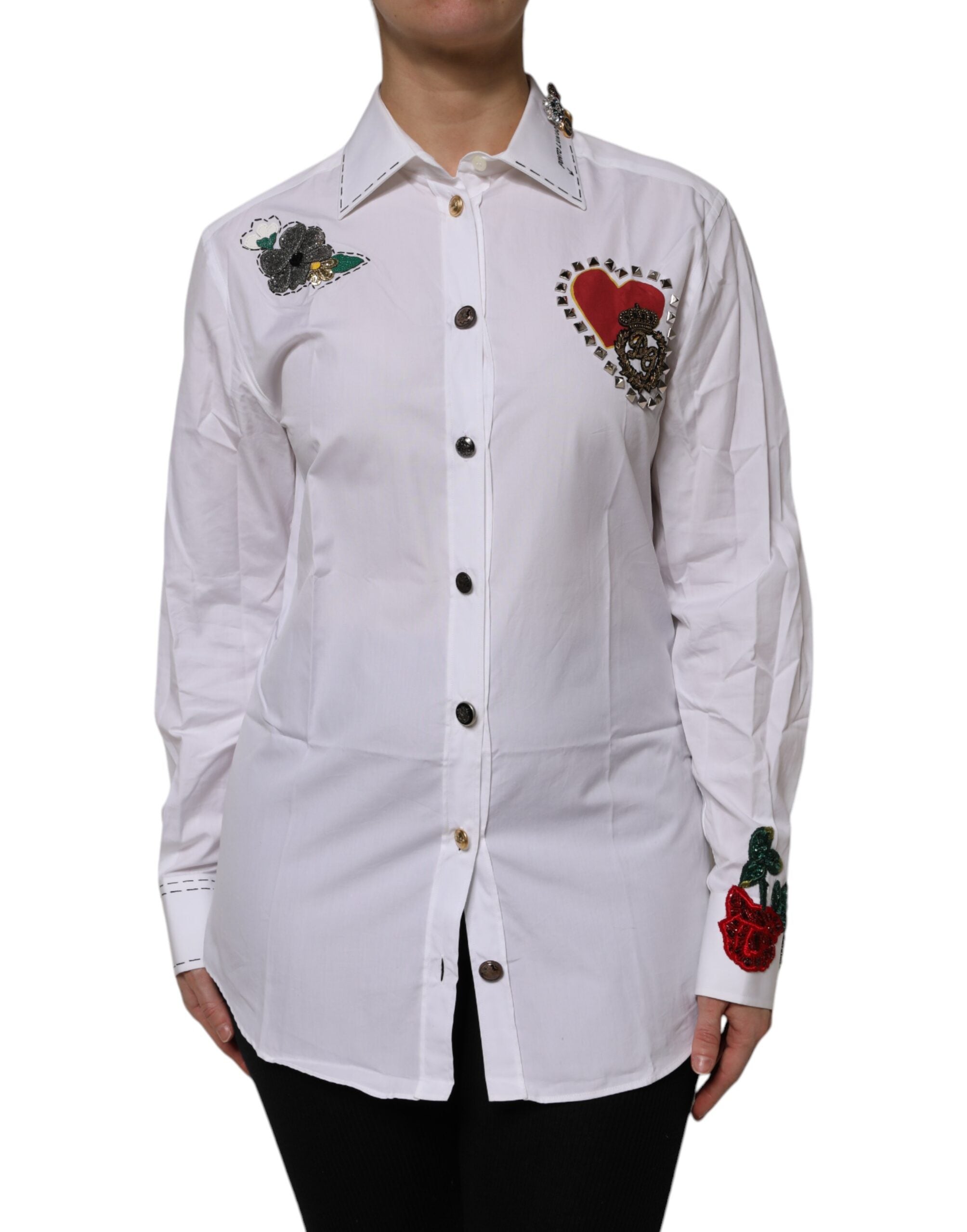 White Cotton Floral Embellished Shirt Top - ventzia