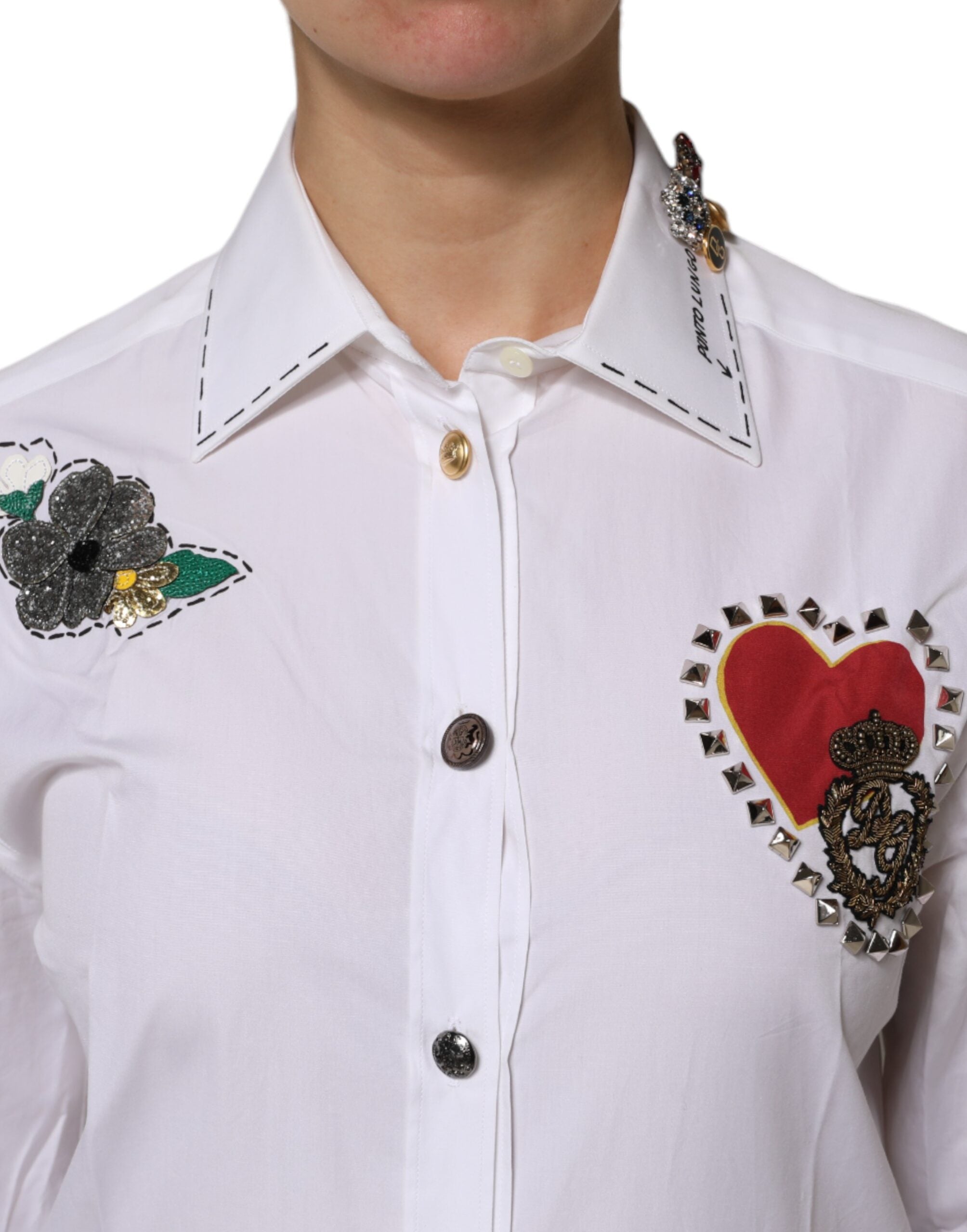 White Cotton Floral Embellished Shirt Top - ventzia