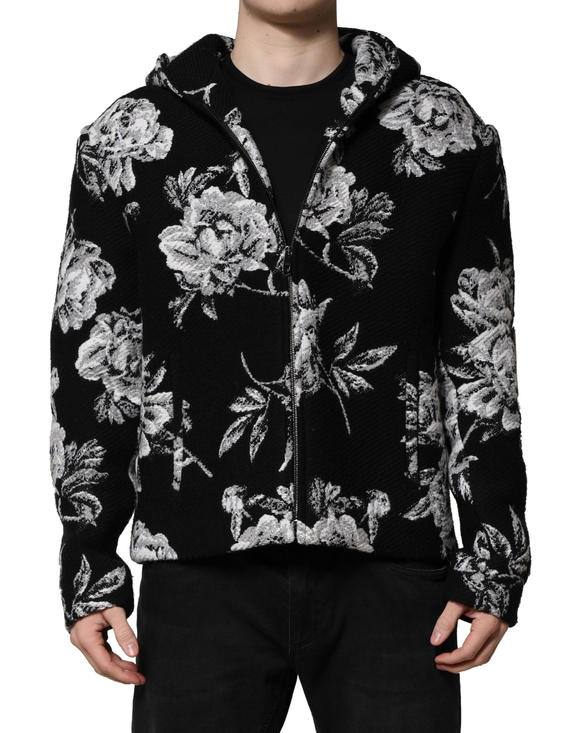 Black Wool Floral Printed Men Hooded Jacket - ventzia