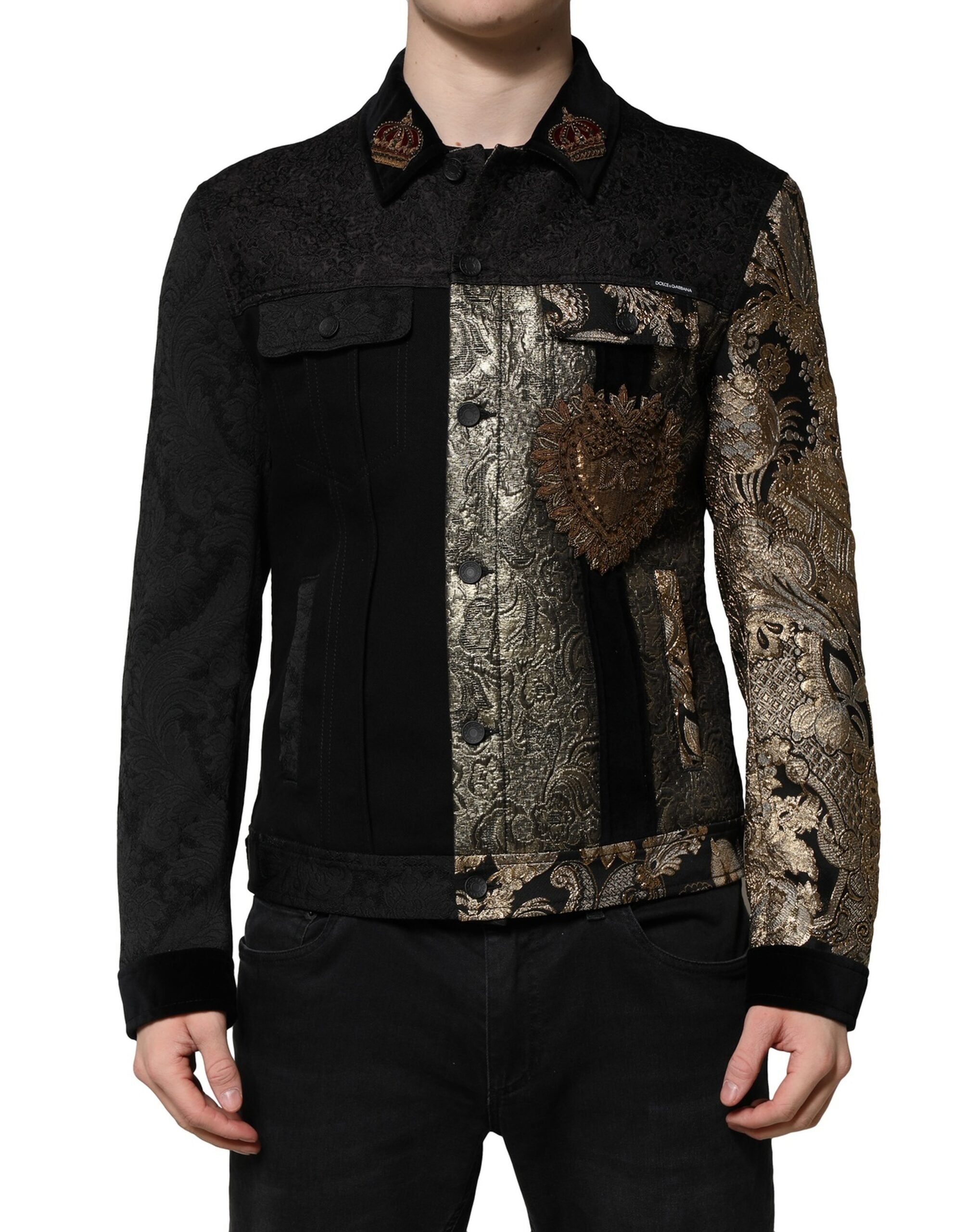 Black Gold Floral Jacquard Men Biker Jacket - ventzia