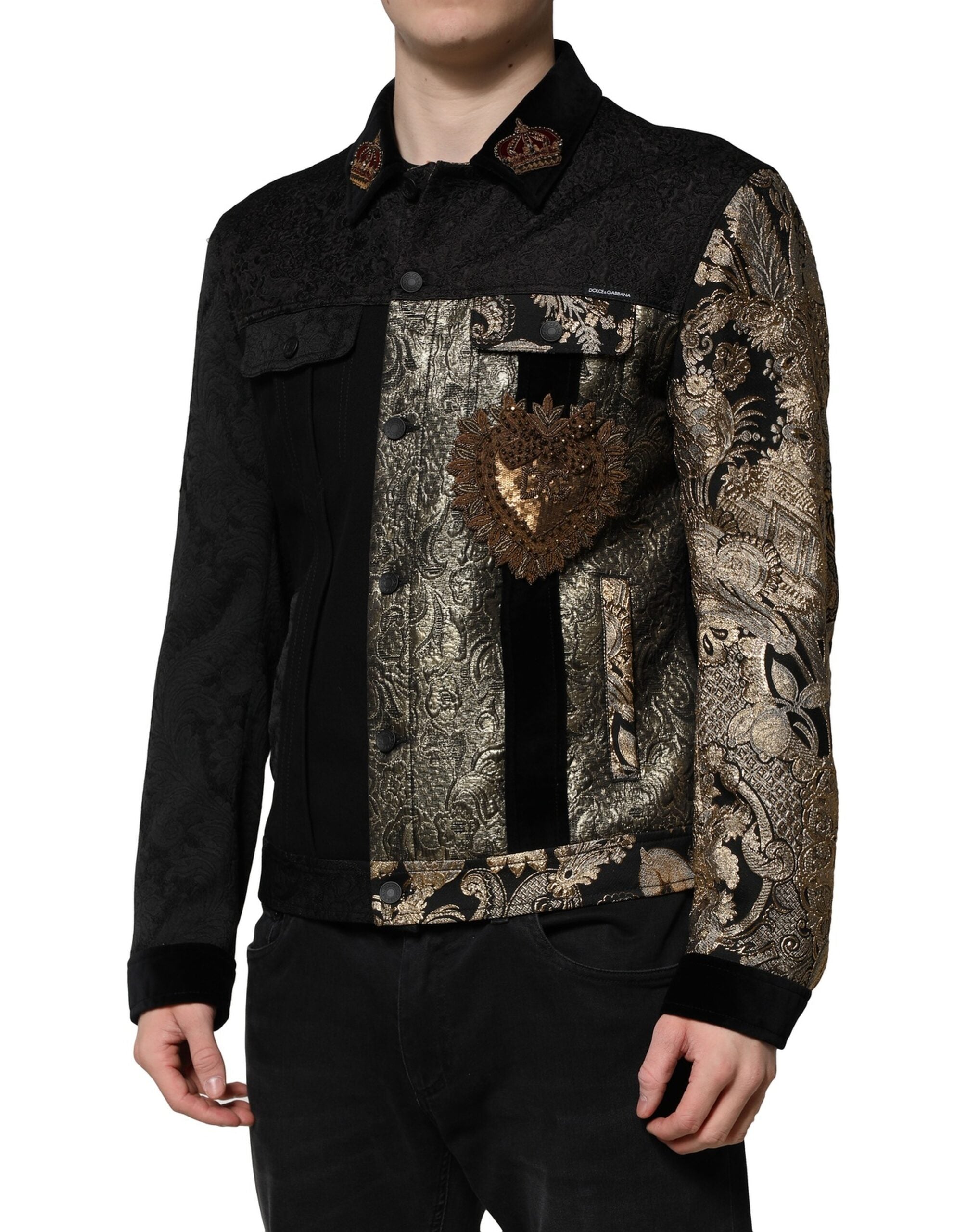 Black Gold Floral Jacquard Men Biker Jacket - ventzia