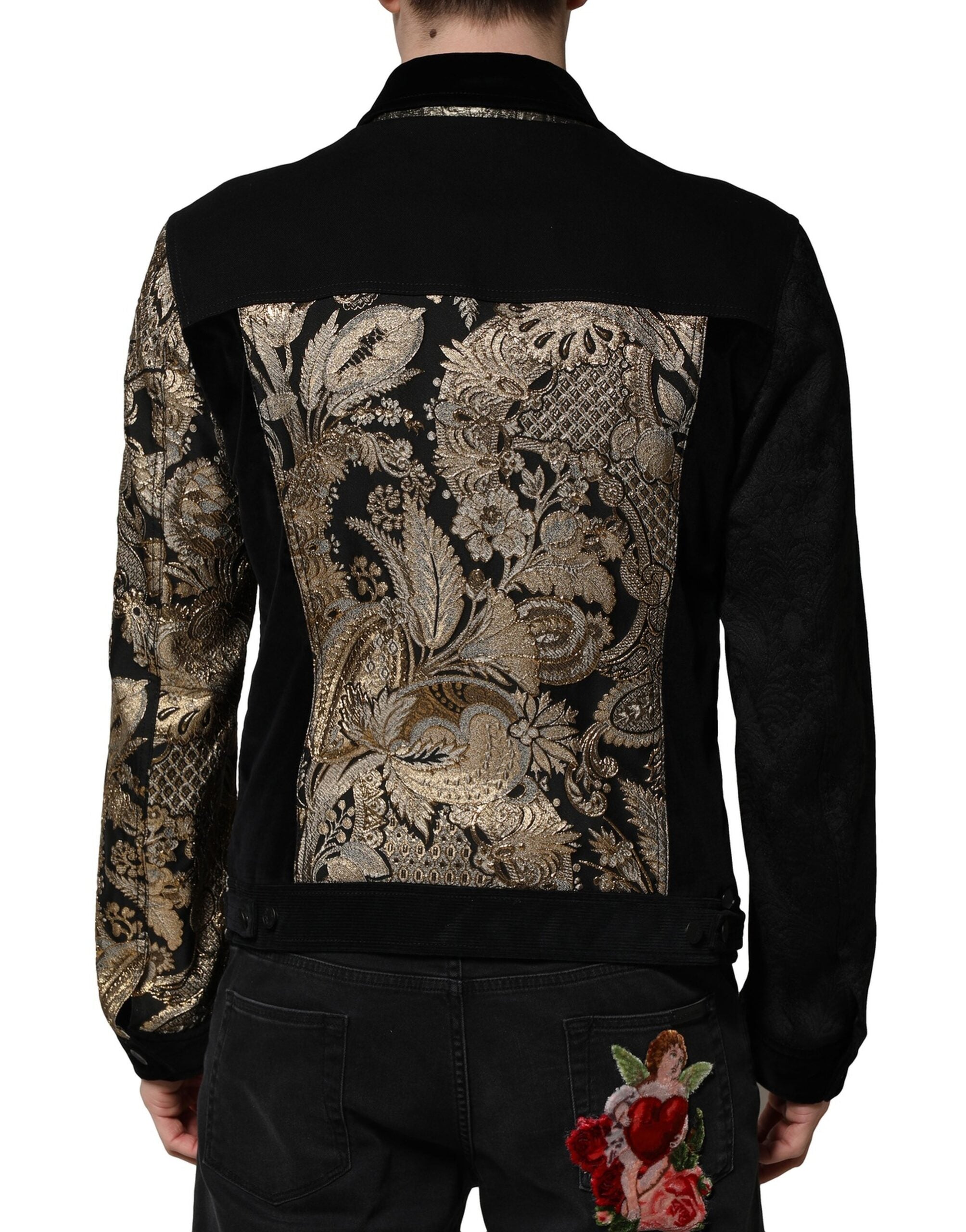 Black Gold Floral Jacquard Men Biker Jacket - ventzia