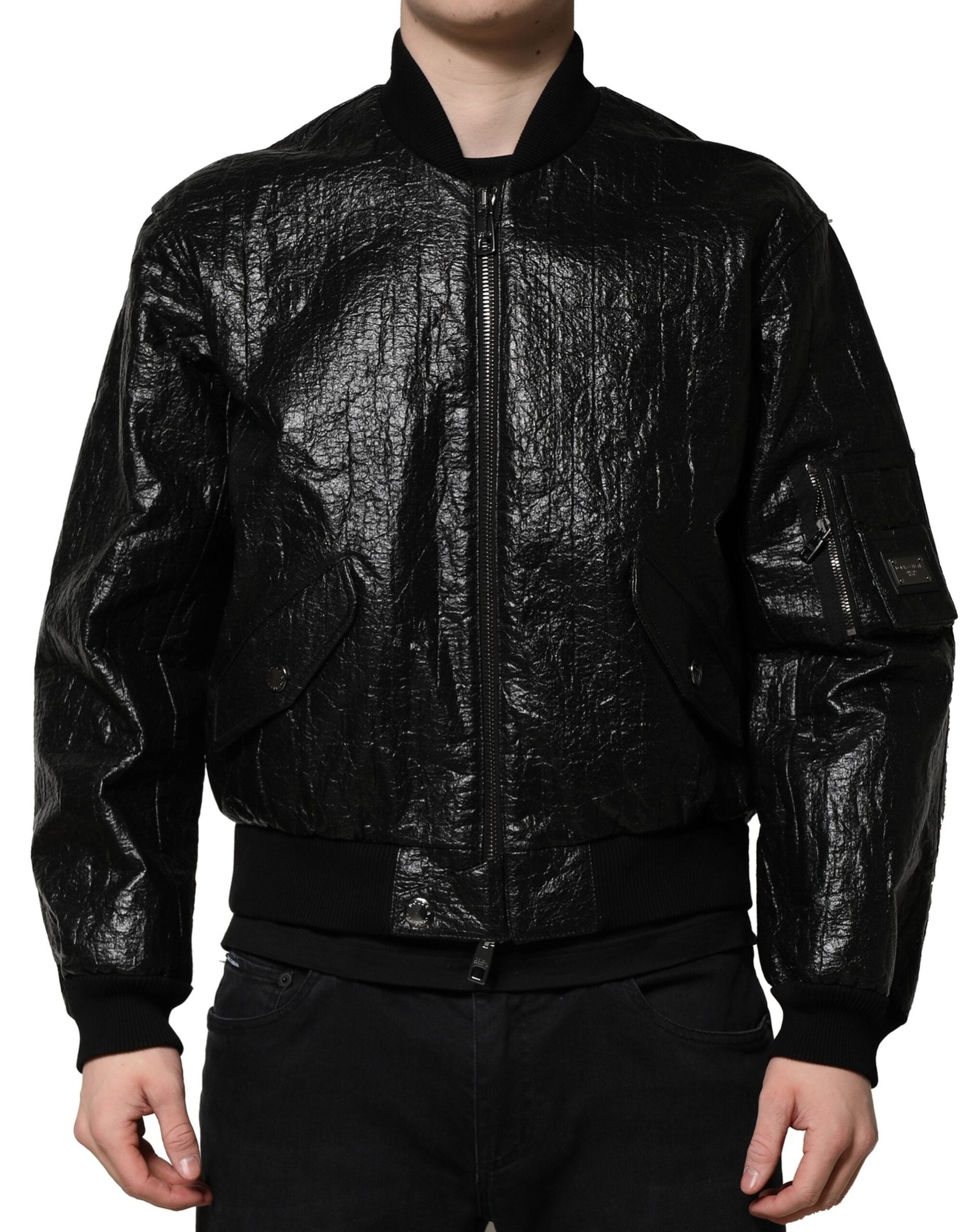 Black Logo Plaque Bomber Full Zipper Jacket - ventzia