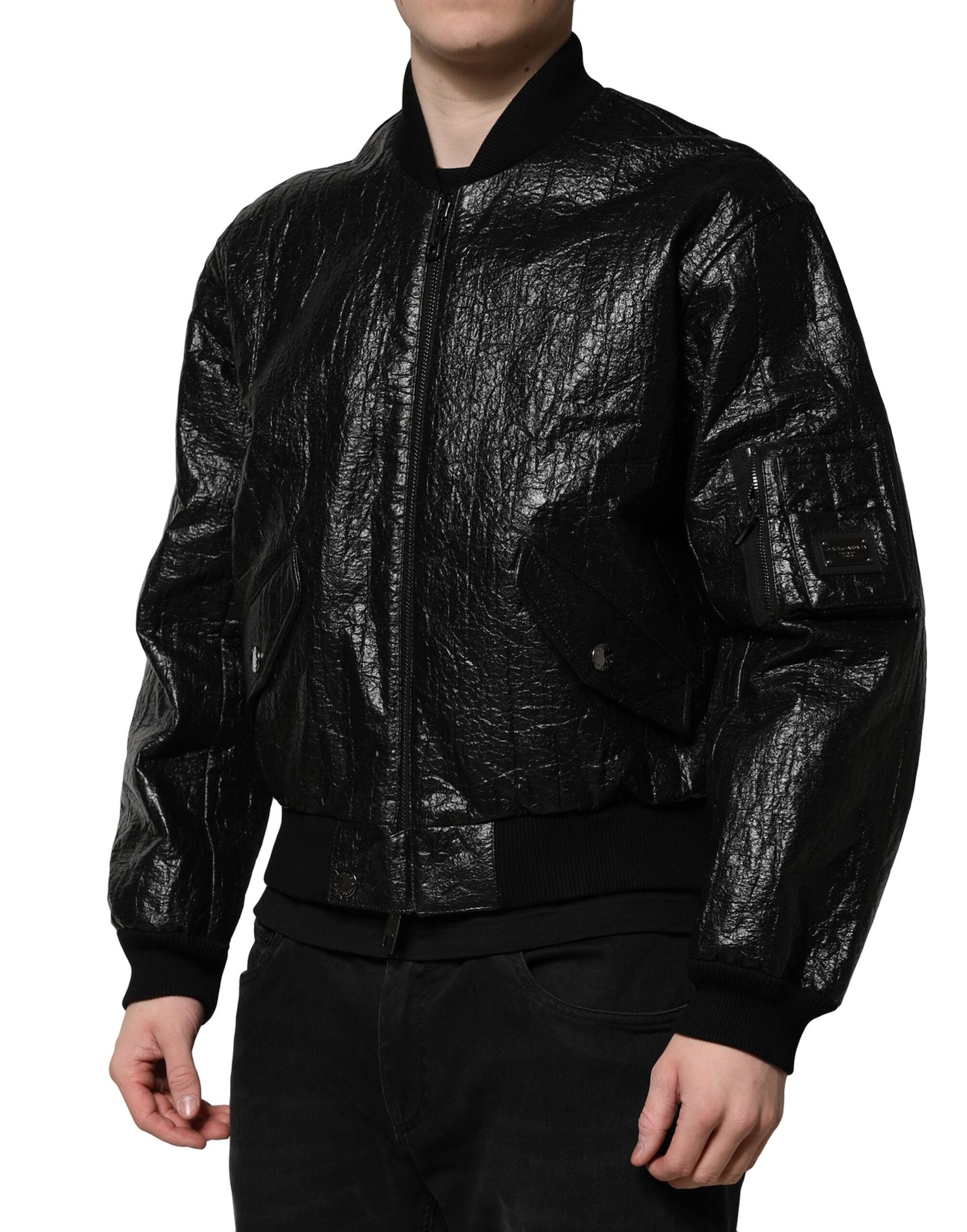 Black Logo Plaque Bomber Full Zipper Jacket - ventzia