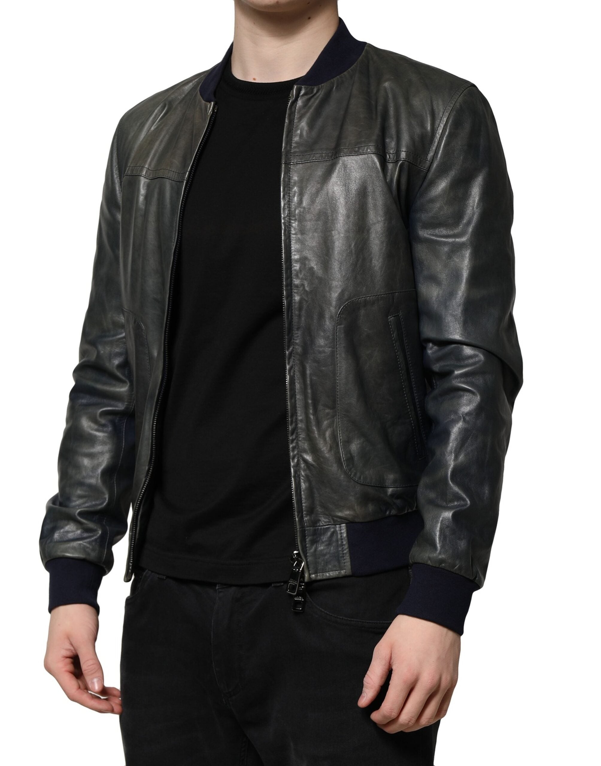 Black Lambskin Leather Biker Full Zip Jacket - ventzia