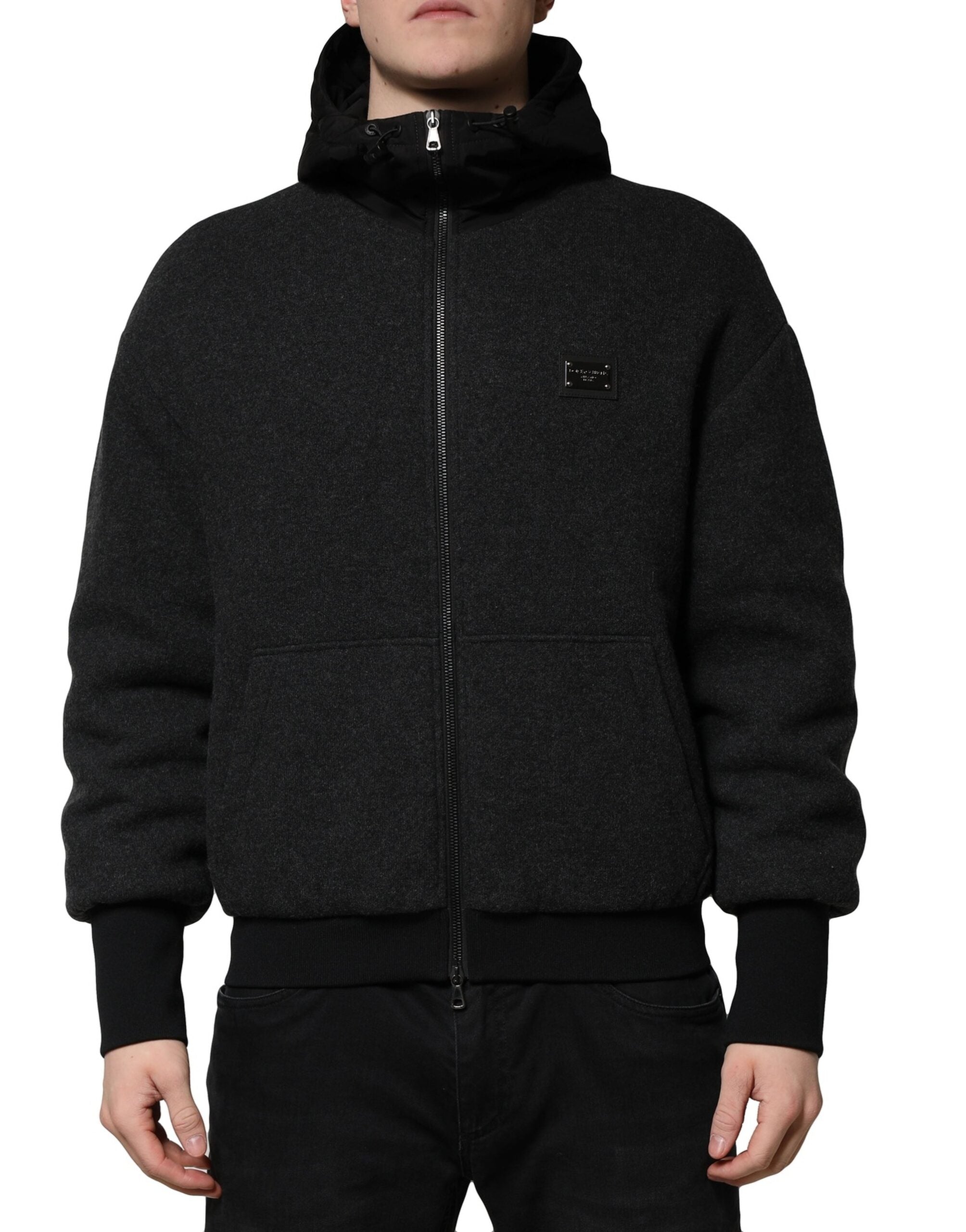 Black DG Logo Plaque Hooded Bomber Jacket - ventzia