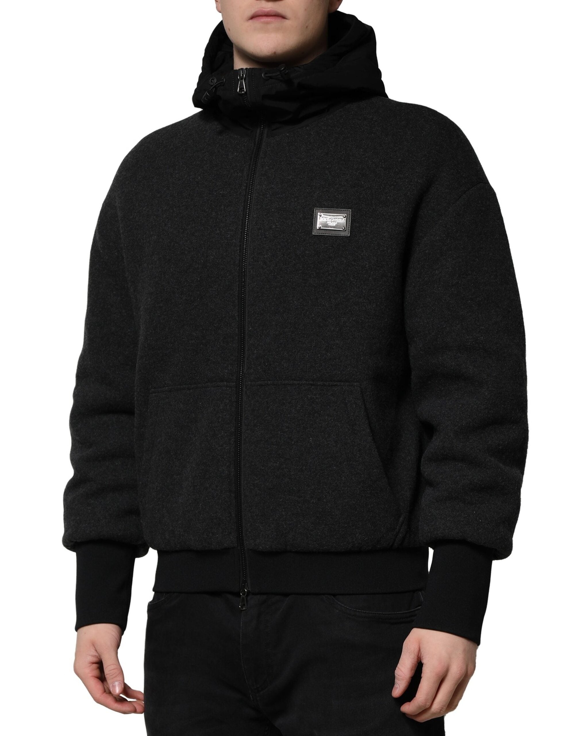Black DG Logo Plaque Hooded Bomber Jacket - ventzia