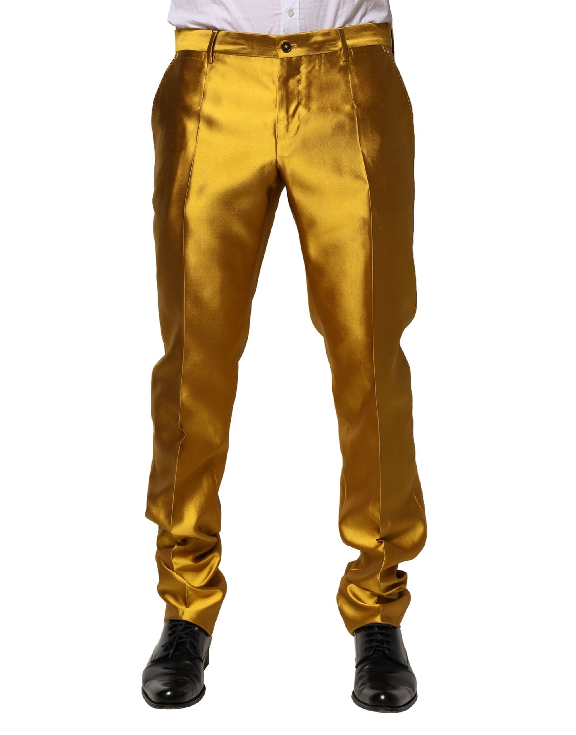 Yellow Silk Tapered Dress Men Pants - ventzia