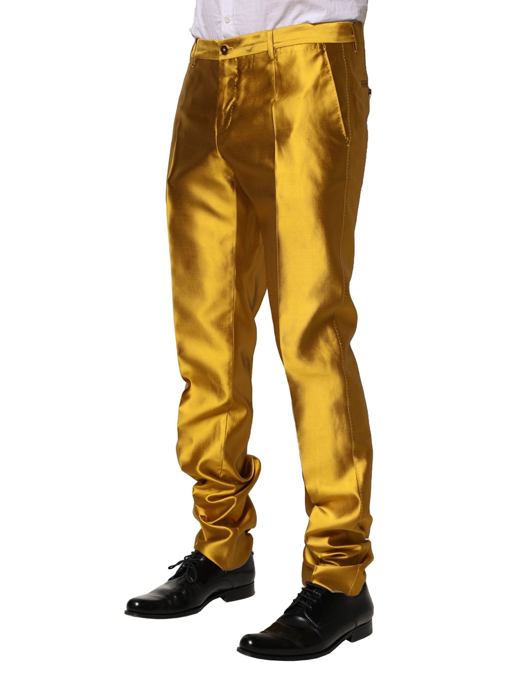 Yellow Silk Tapered Dress Men Pants - ventzia