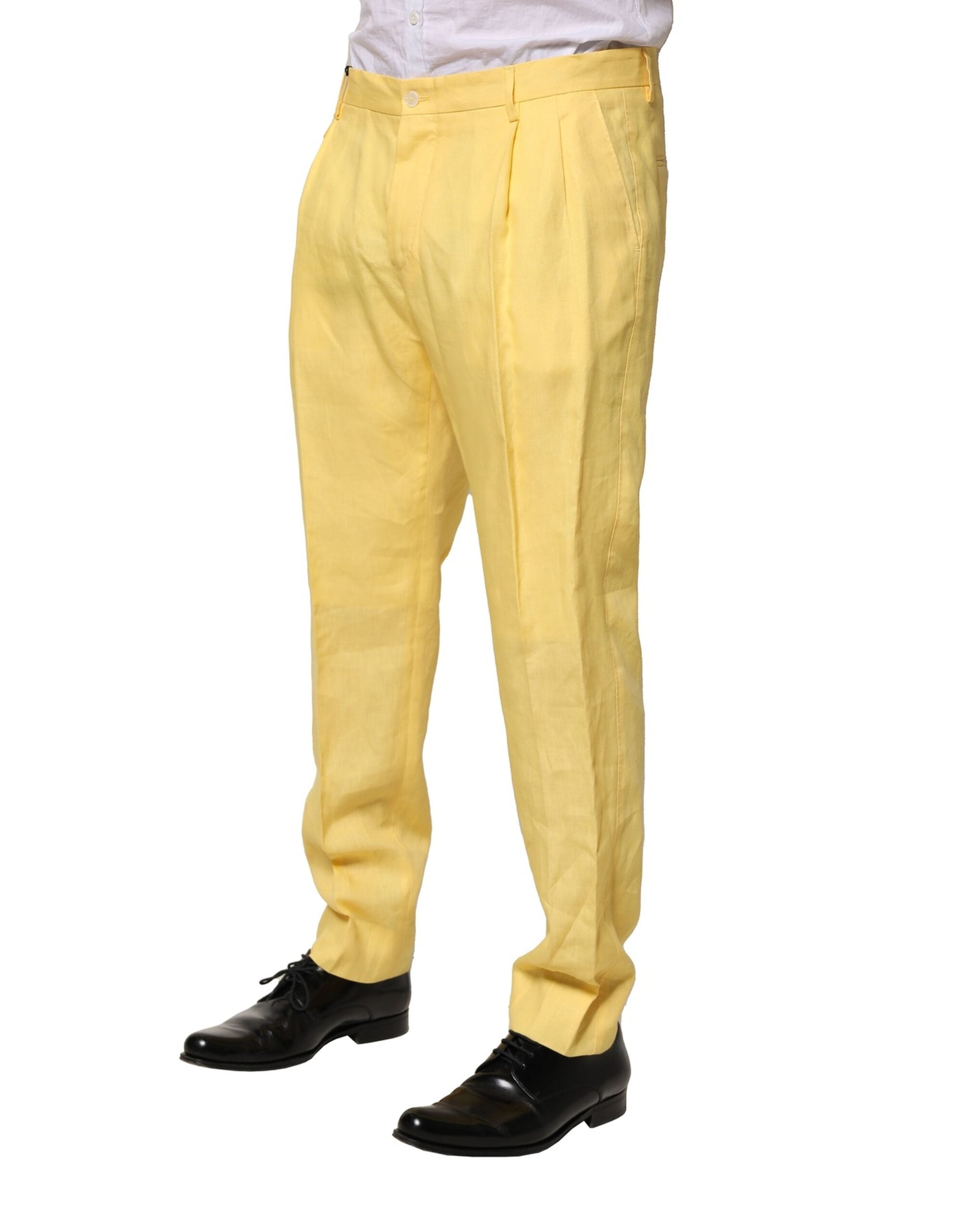Yellow Flax Tapered Dress Men Pants - ventzia