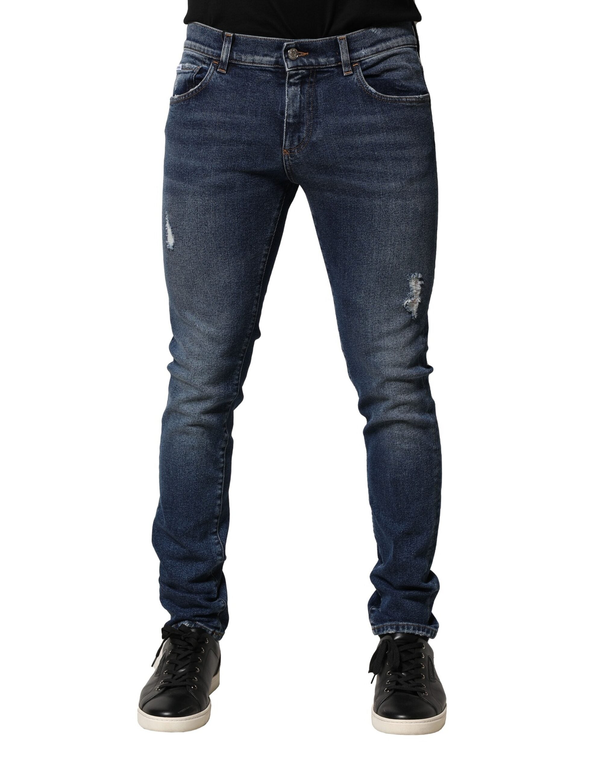 Blue Washed Skinny Cotton Denim Jeans - ventzia